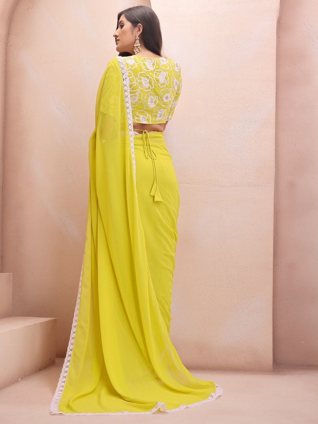 Lemon Georgette Saree With Plain Saree With Embroidery Cut Work Lace With Embroidery Work Blouse