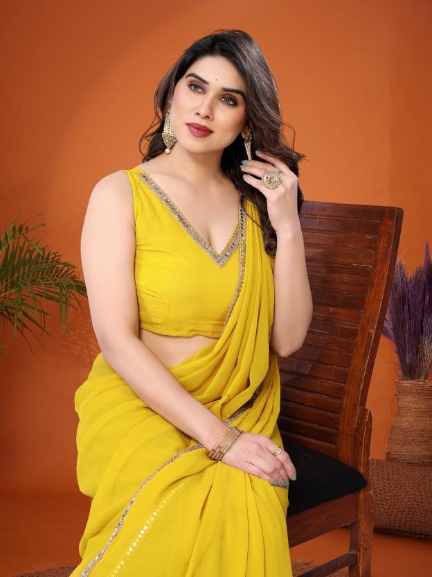 Lemon Georgette Saree with Mirror Border