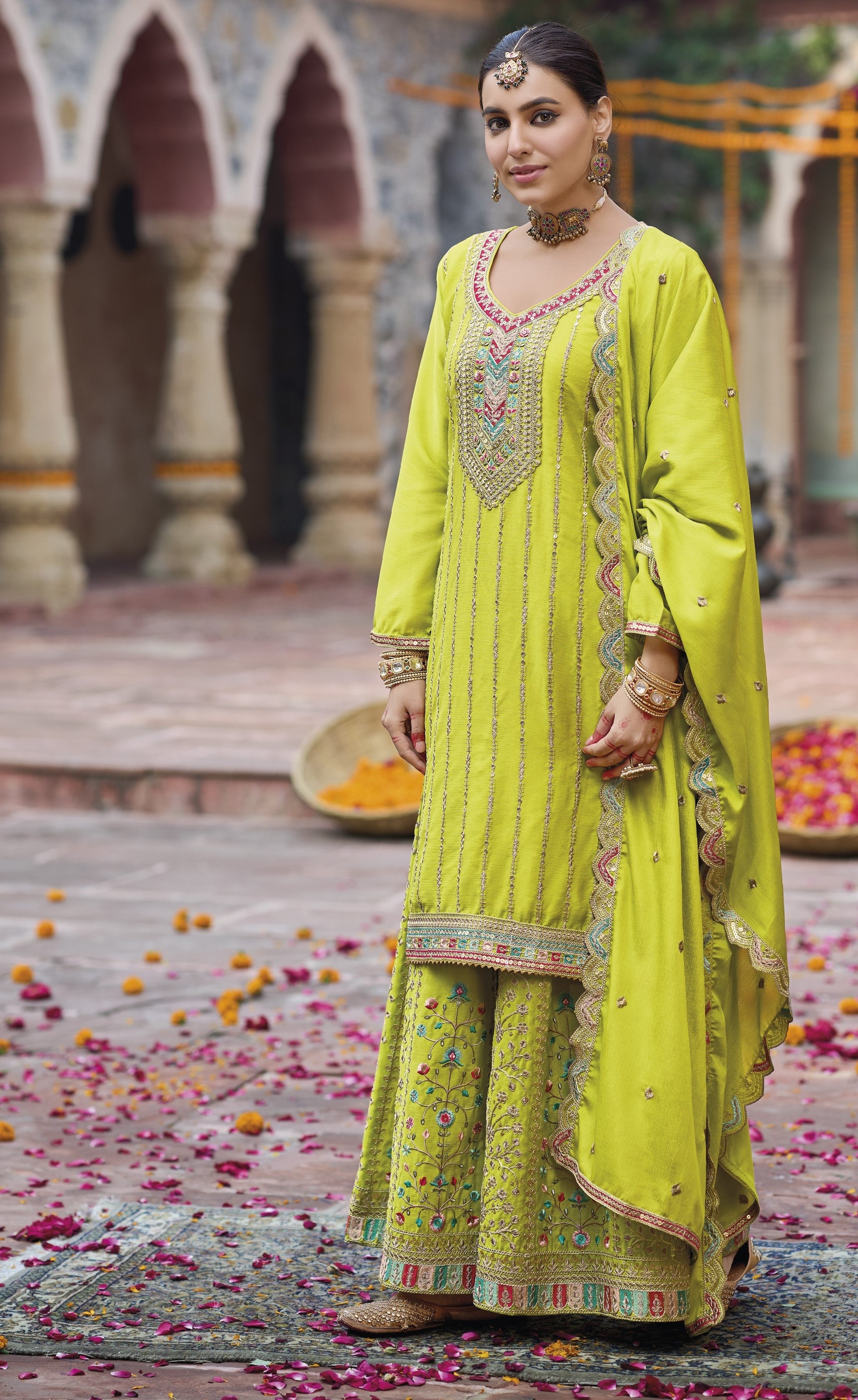Lemon Green Heavy Designer Suit With Heavy Embroidery Work
