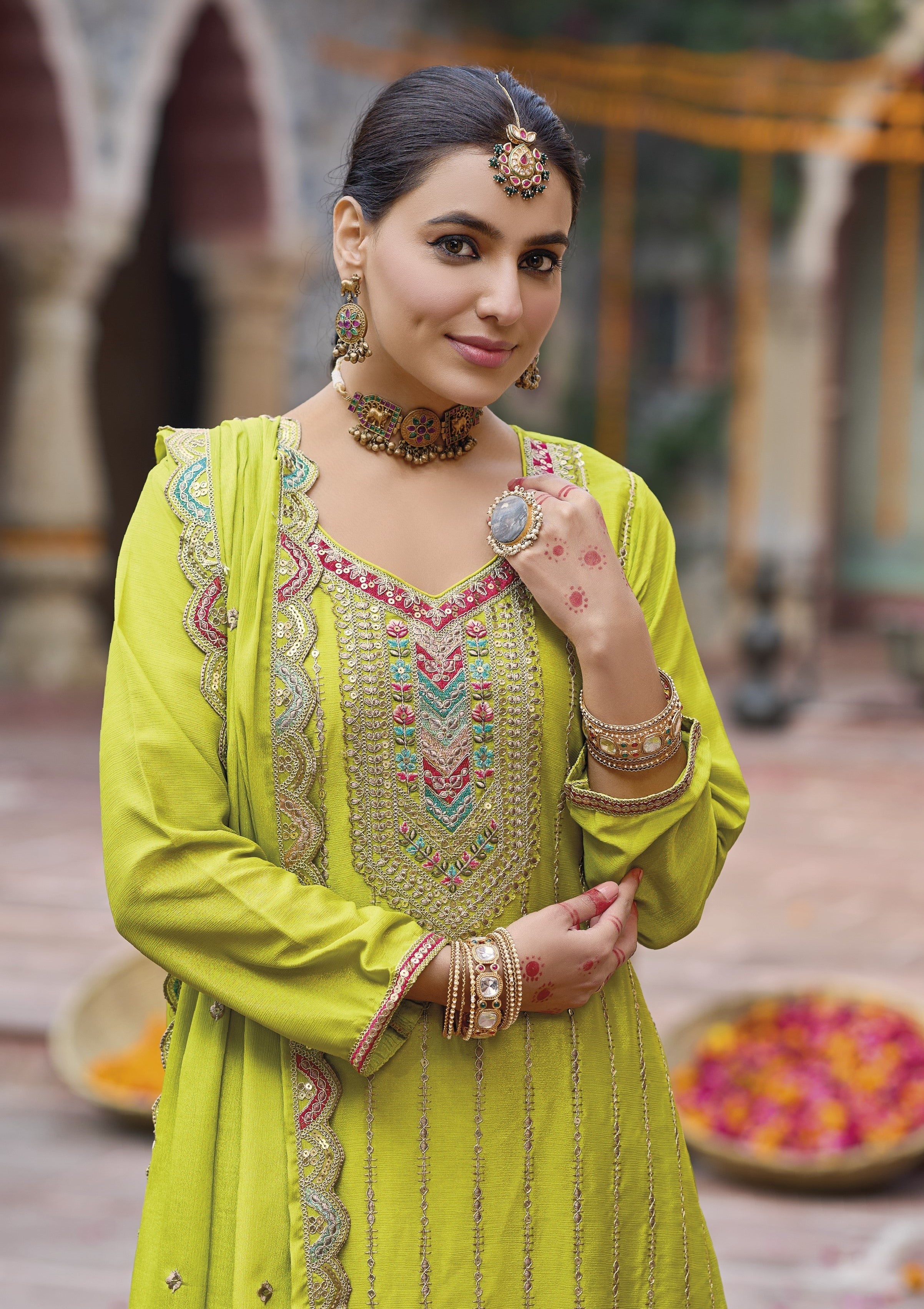 Lemon Green Heavy Designer Suit With Heavy Embroidery Work