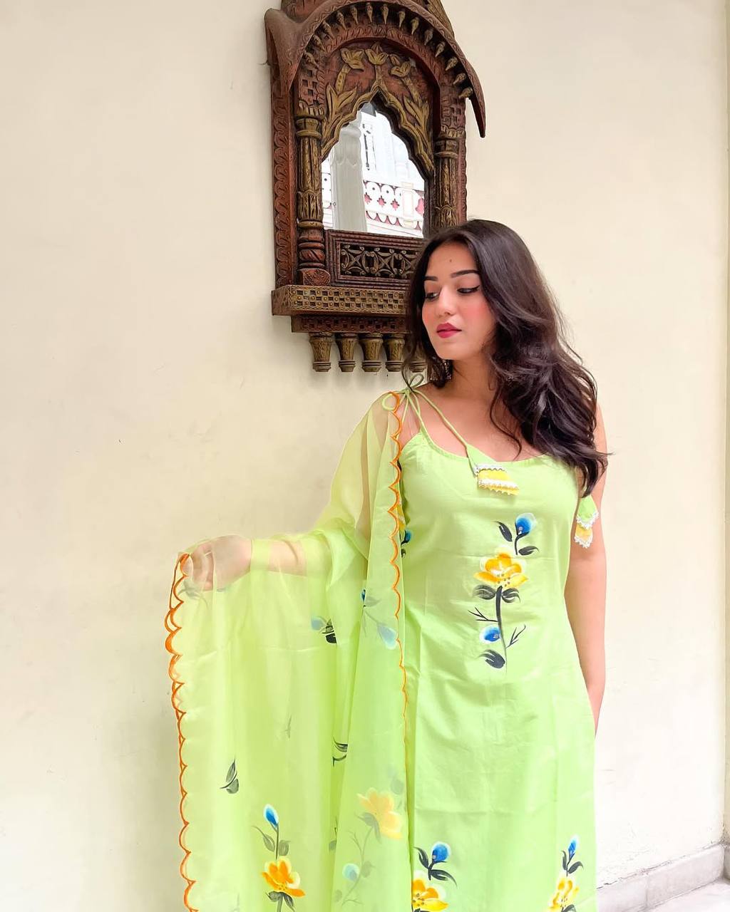 Lemon Green Viscose Twill Kurta Pant Set Printed
