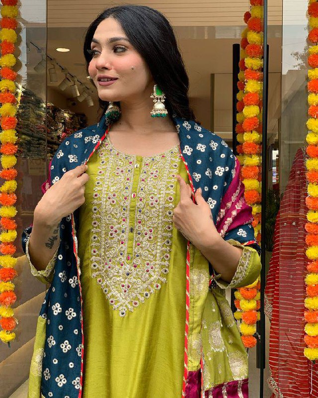 Lemon Kurta Pant Set With Heavy Thread Embroidery Work With Jacquard Dupatta