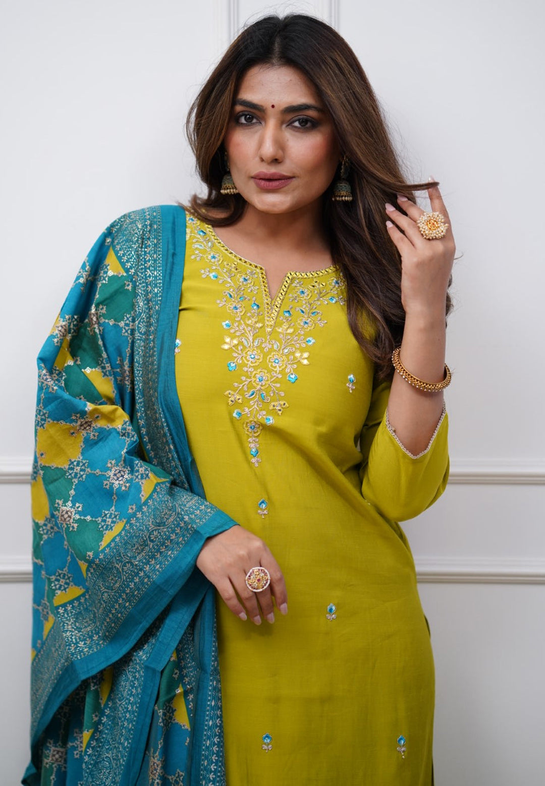 Lemon Kurta Pant Set with Heavy Thread Embroidery Work With Printed Dupatta