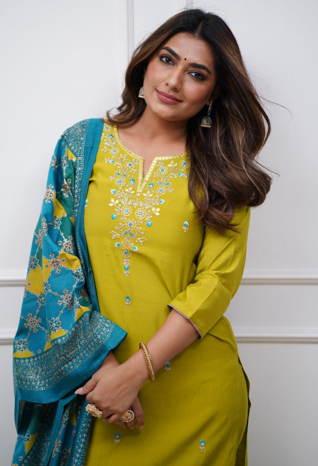 Lemon Kurta Pant Set with Heavy Thread Embroidery Work With Printed Dupatta