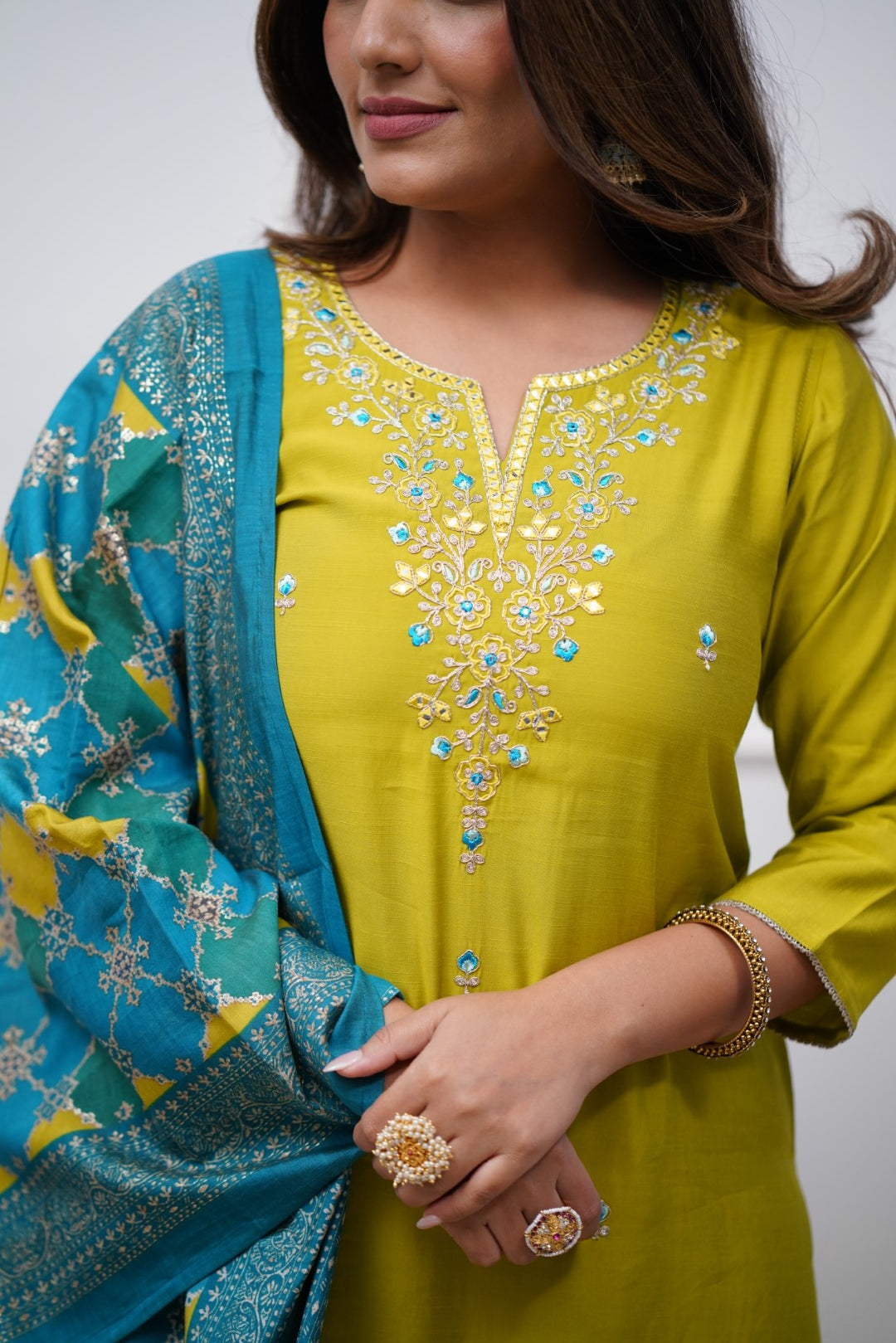Lemon Kurta Pant Set with Heavy Thread Embroidery Work With Printed Dupatta