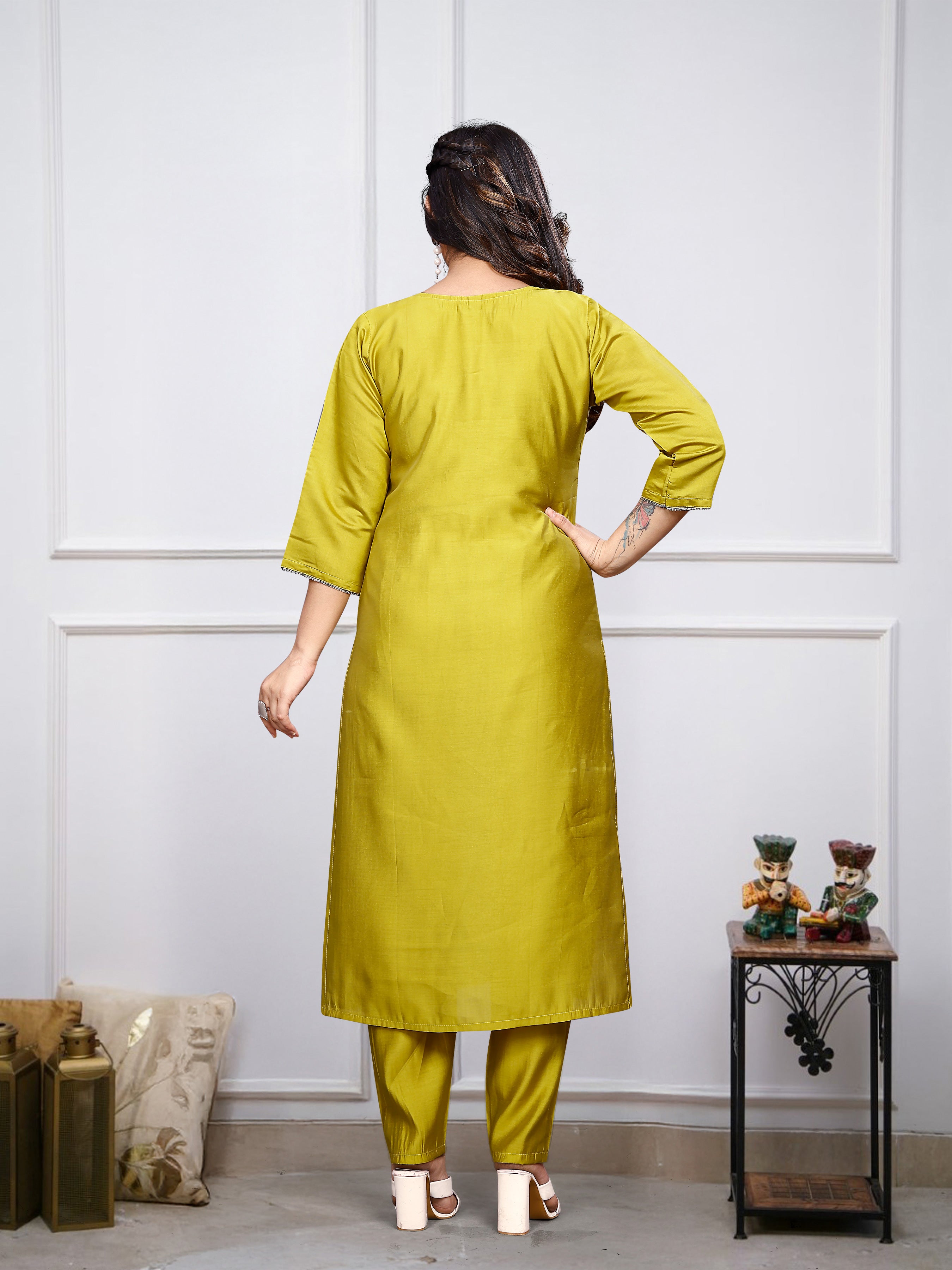 Lemon Kurta Pant Set with Heavy Thread Embroidery Work With Printed Dupatta