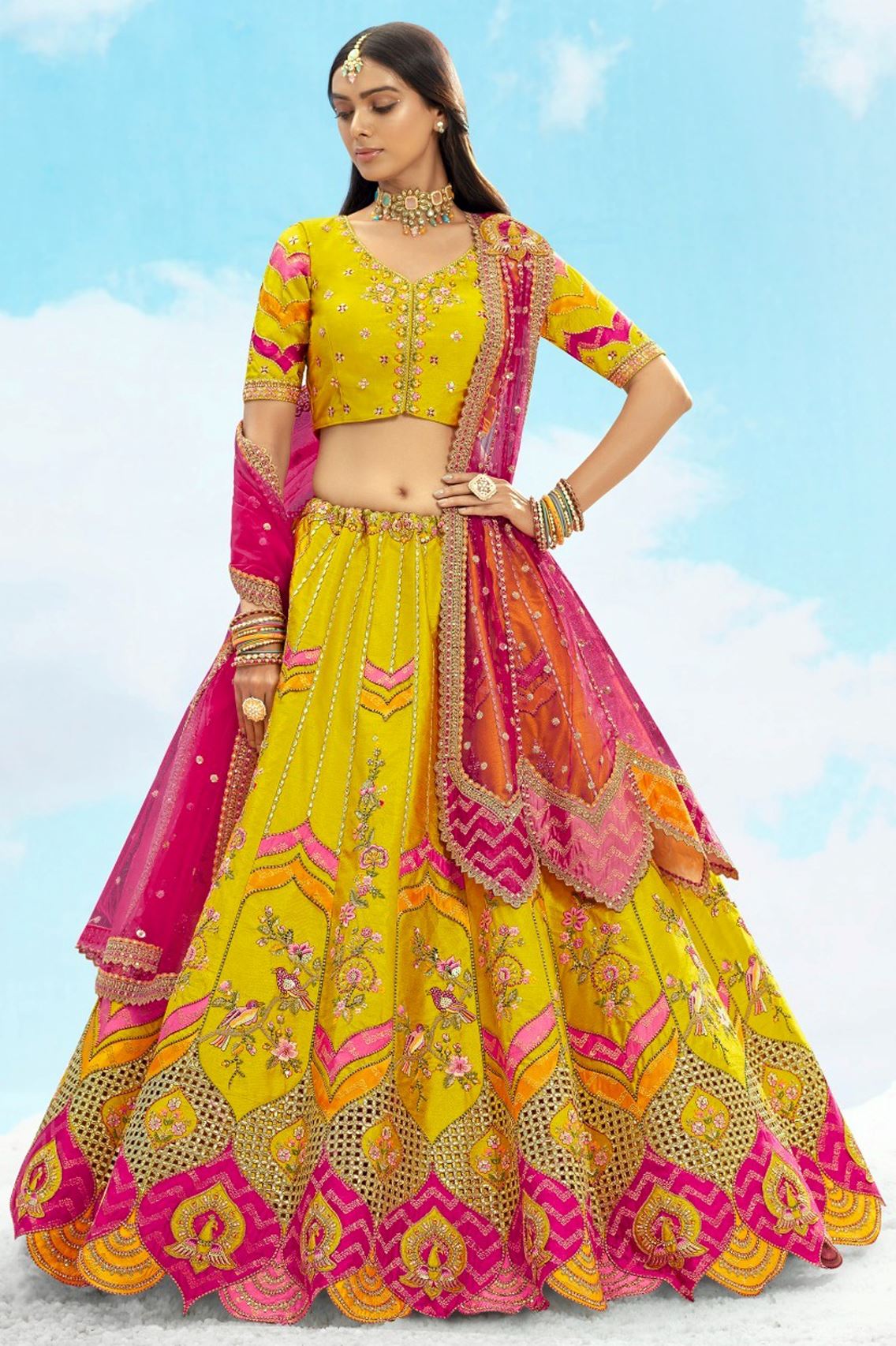 Lemon Silk Lehenga Choli With Heavy Thread Embroidery, Zari With Sequins Work