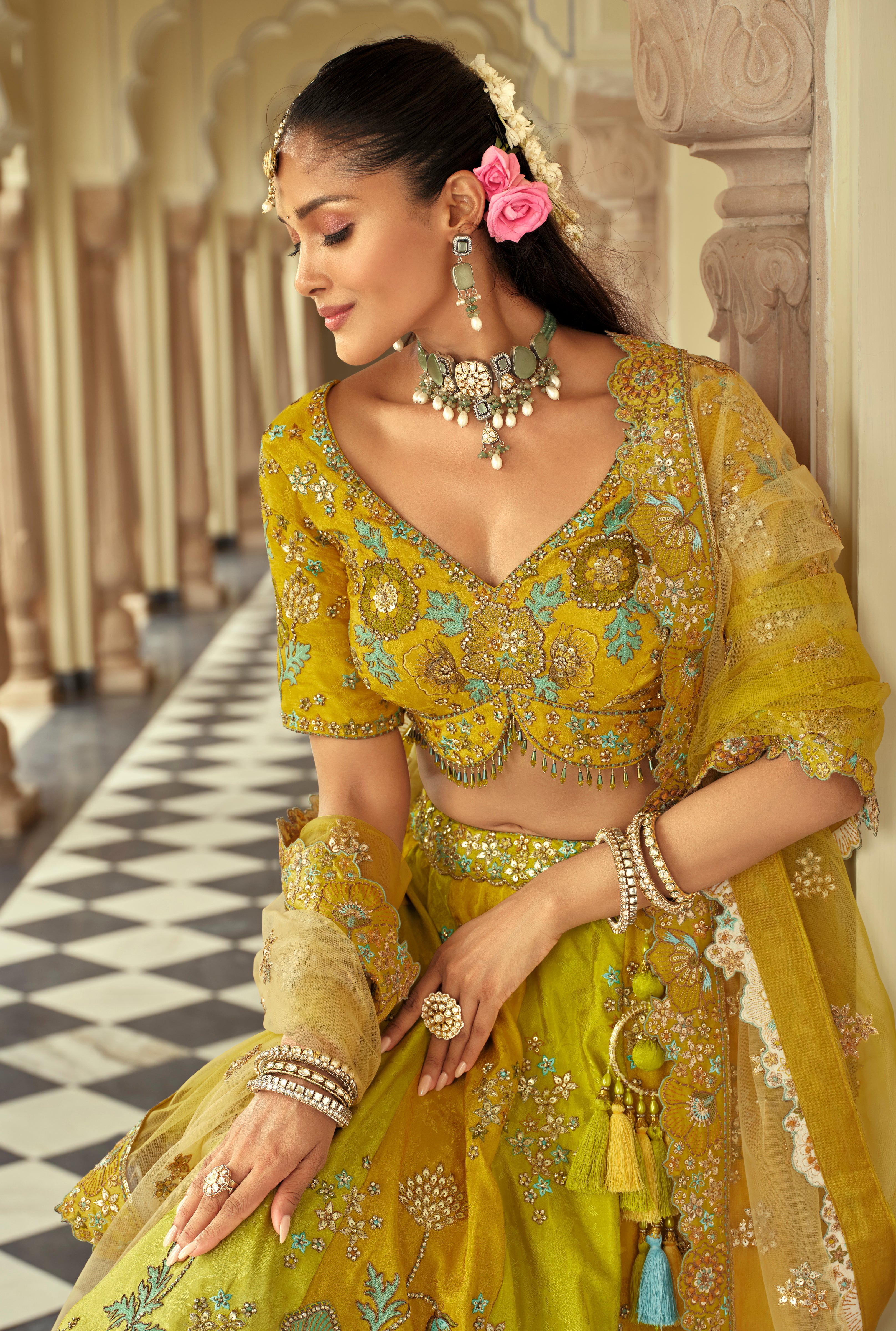 Lemon Silk Readymade Lehenga Choli With Heavy Thread Embroidery, Sequence, Border Weaving, Art Mirror and Cut Work