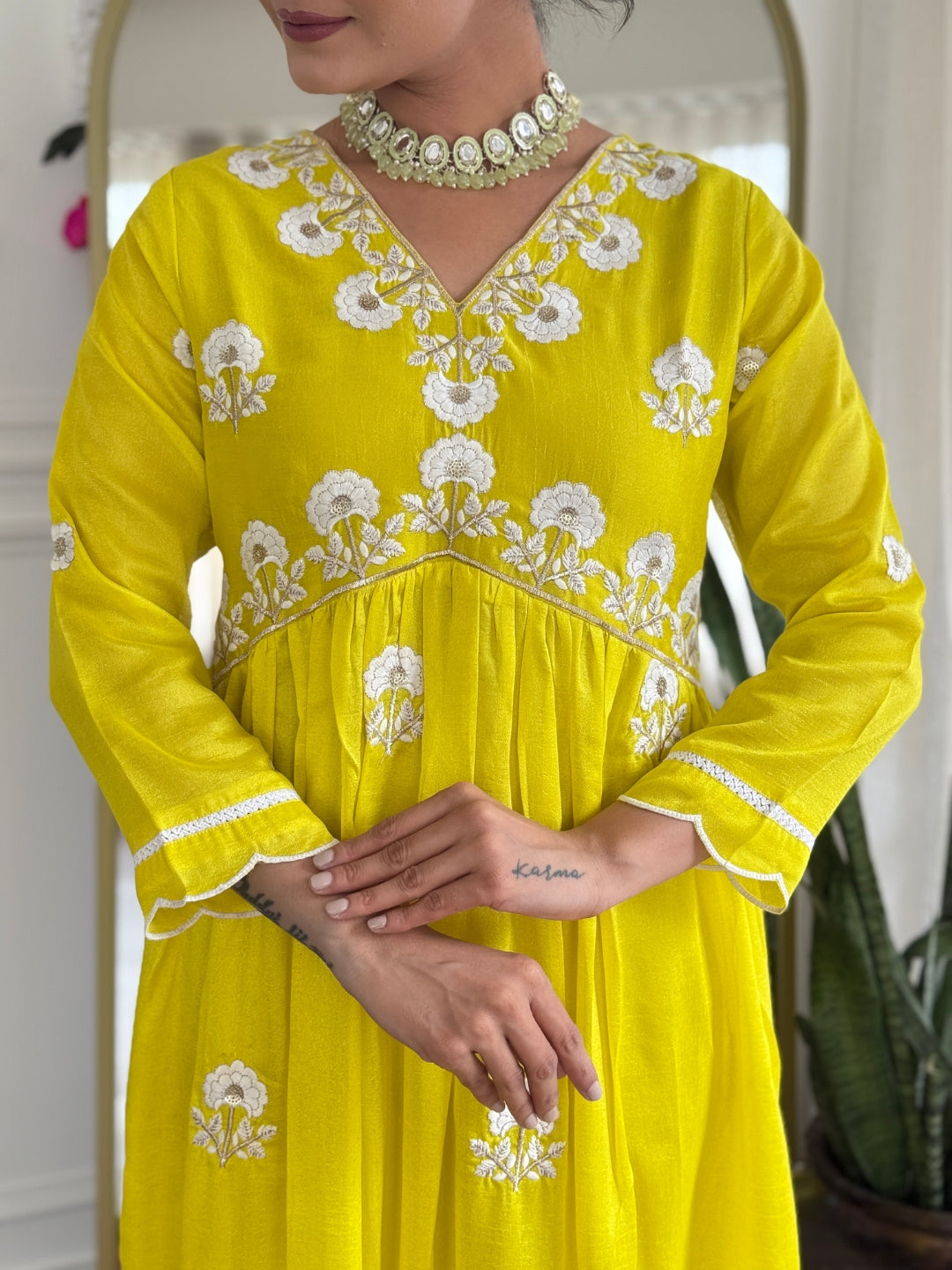 Lemon Vichitra Silk Elegant Kurta Pant Set With Embroidery Work