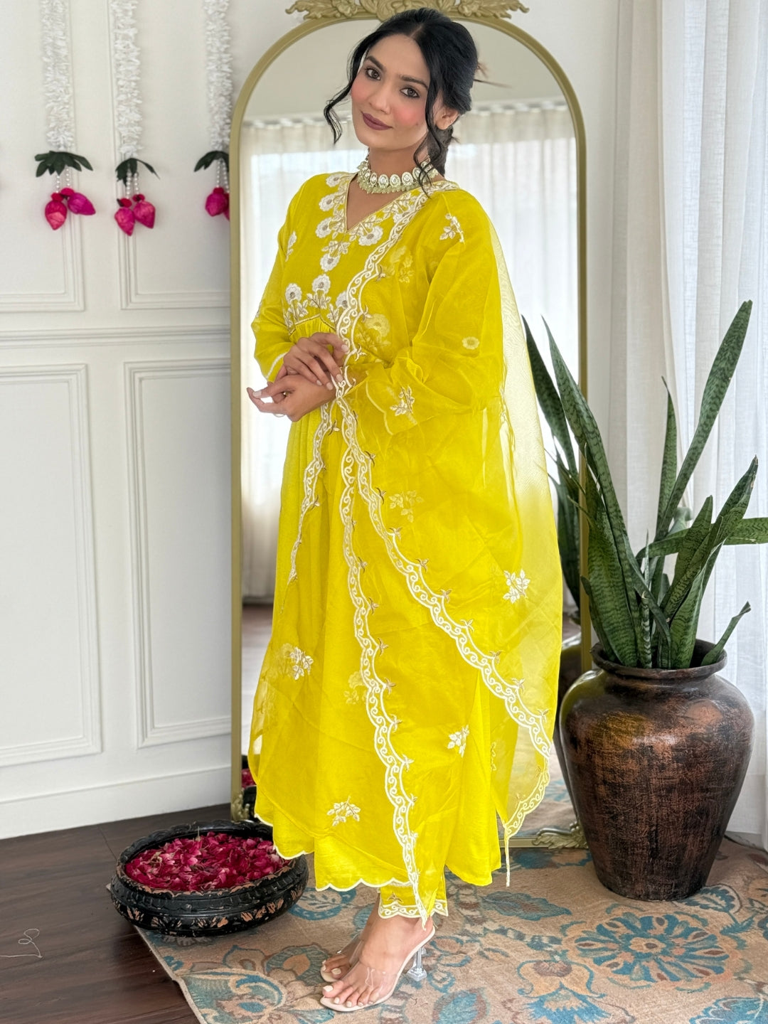 Lemon Vichitra Silk Elegant Kurta Pant Set With Embroidery Work