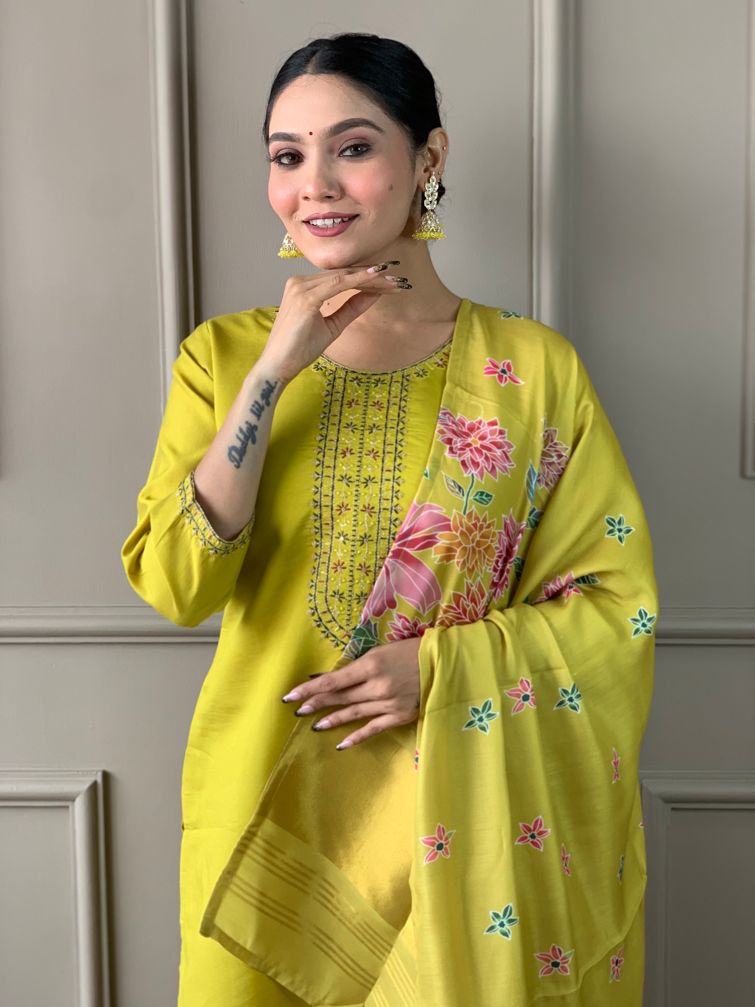 Lemon Viscose Chanderi Kurta Pant With Heavy Thread Embroidery Work With Printed Dupatta