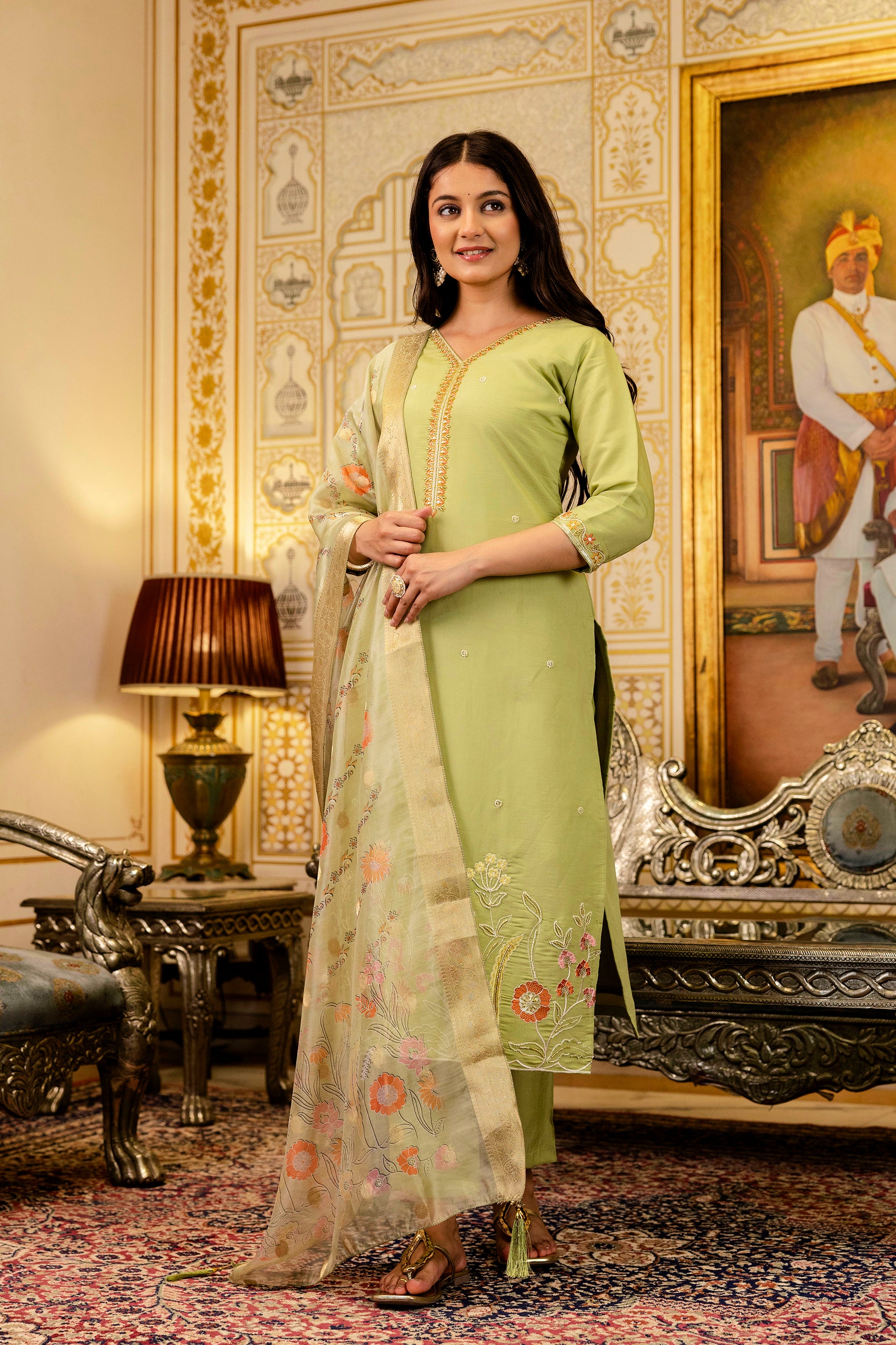 Lemon Viscose Simer Kurta Pant Set With Thread Embroidered With Beads Work With Printed Dupatta