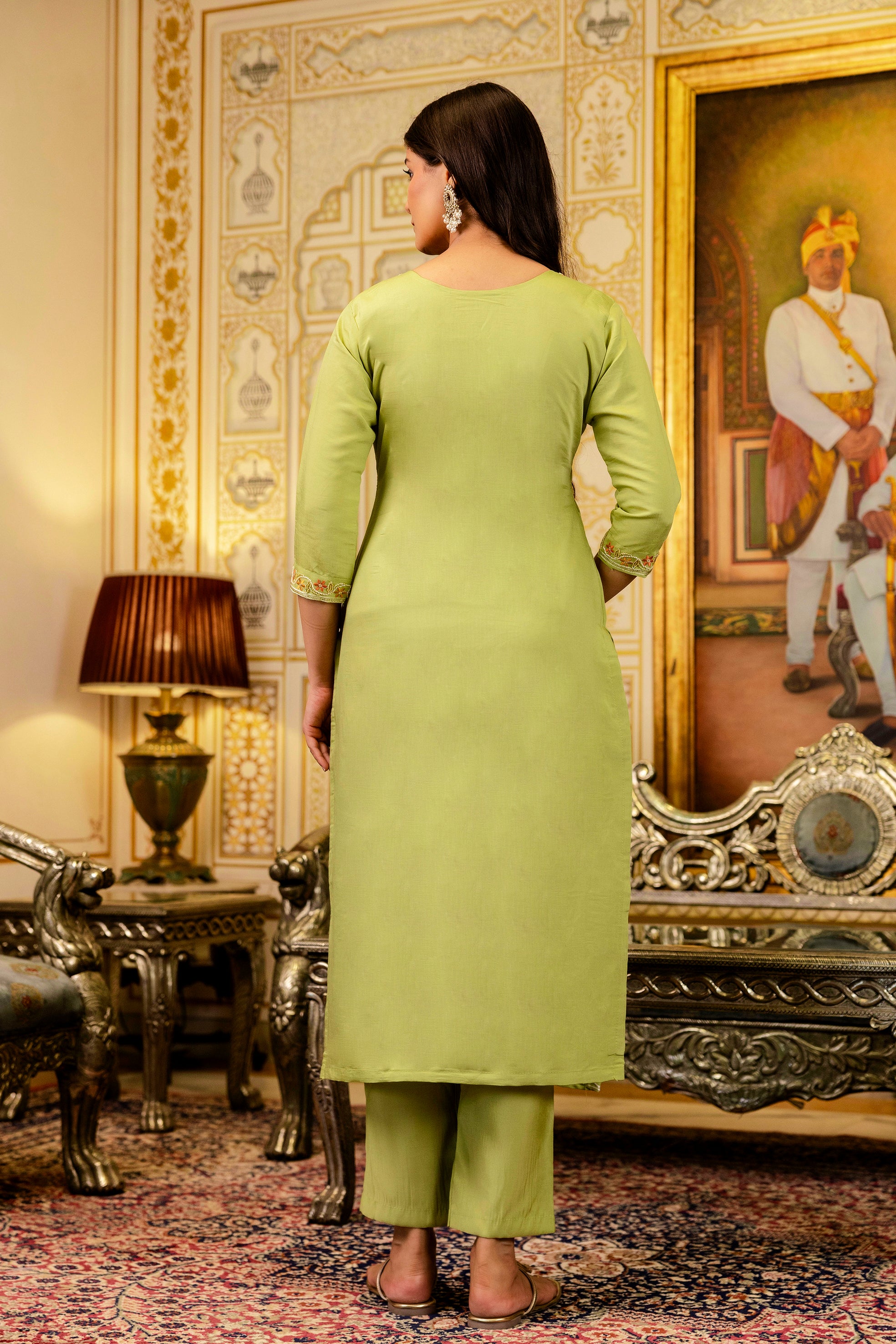 Lemon Viscose Simer Kurta Pant Set With Thread Embroidered With Beads Work With Printed Dupatta