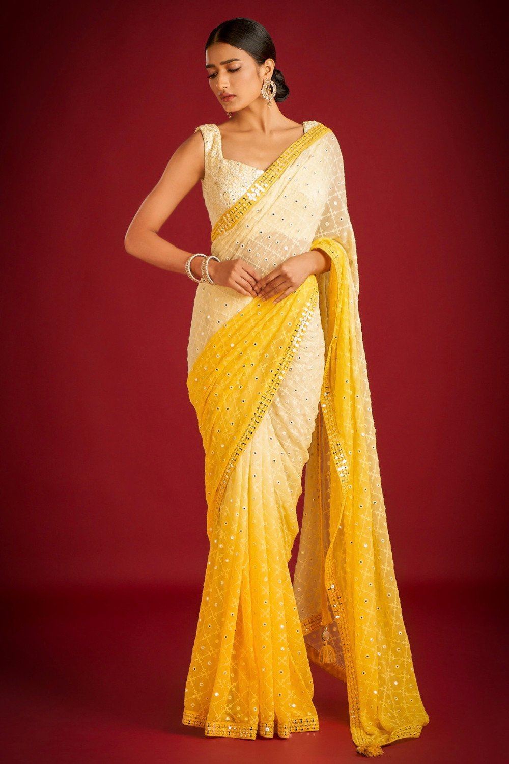 Lemon Yellow Colour Georgette Embroidery Work Saree