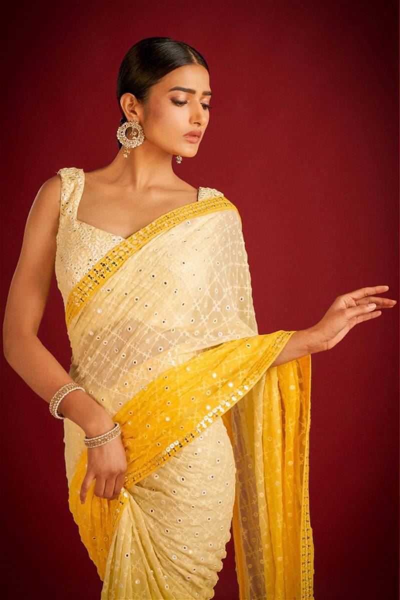 Lemon Yellow Colour Georgette Embroidery Work Saree