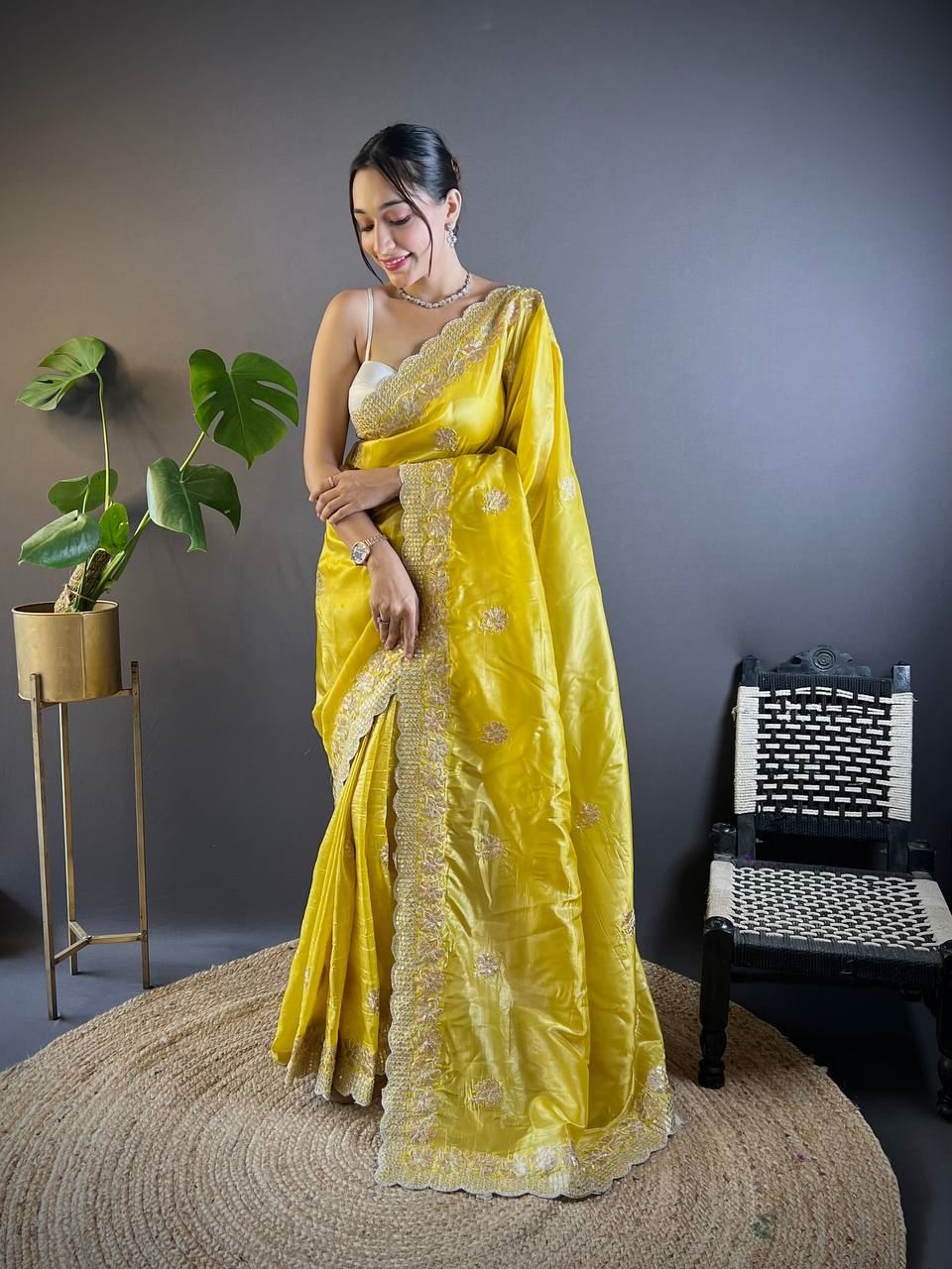Lemon Yellow Colour Gold Crush Embroidery Work Saree