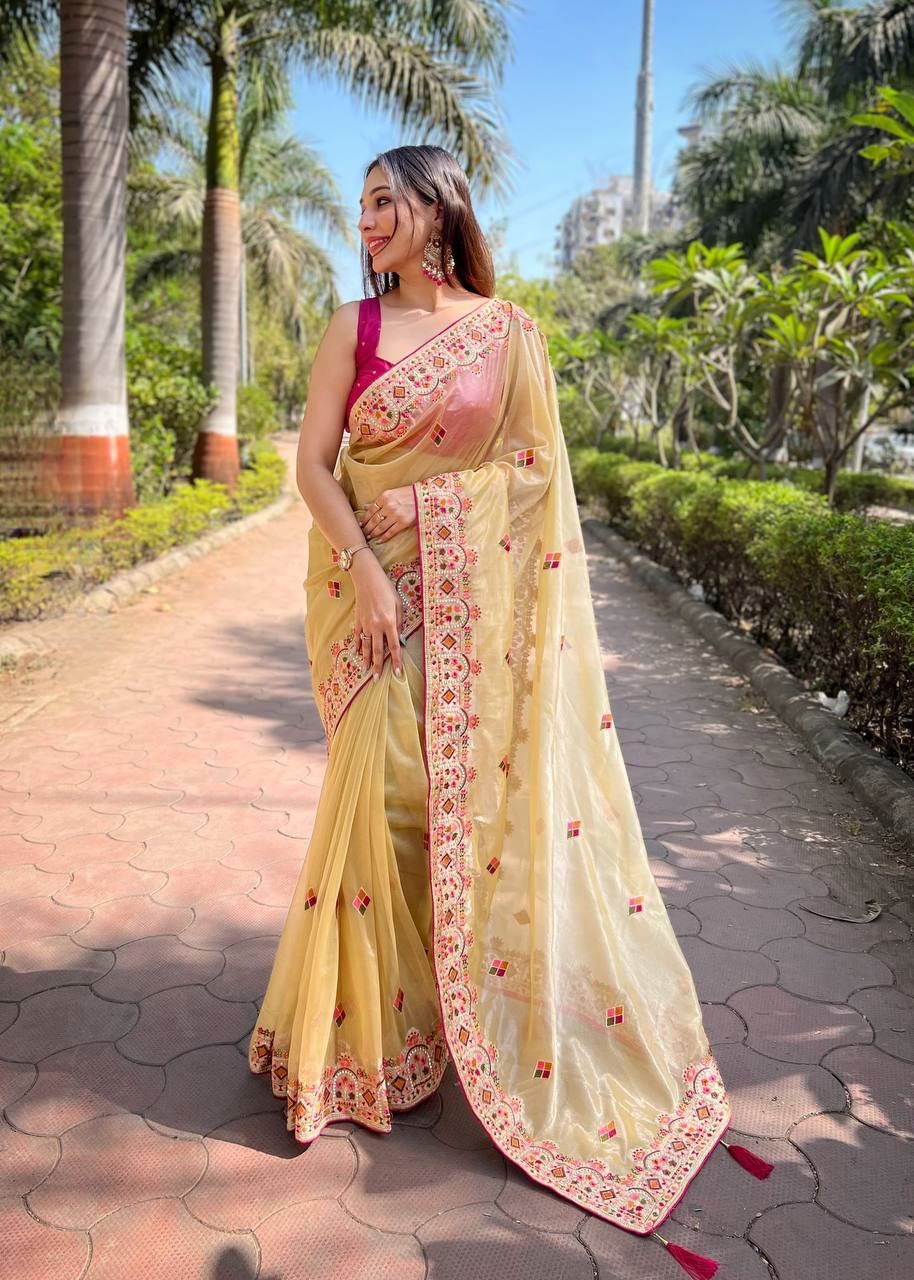 Lemon Yellow Colour Twill Net Designer Embroidery Work Saree