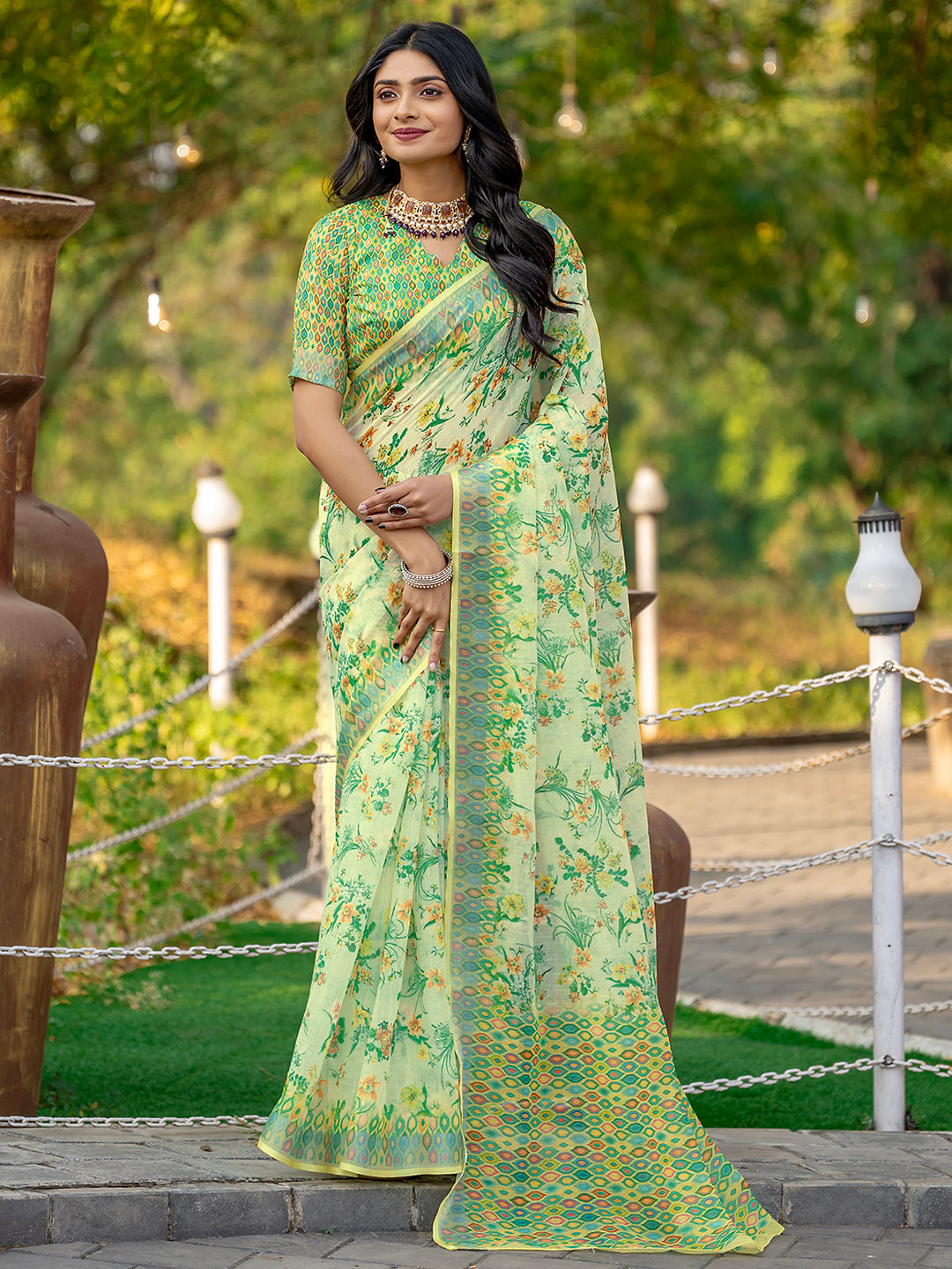 Lemon Yellow Linen Printed Summer Wear Saree