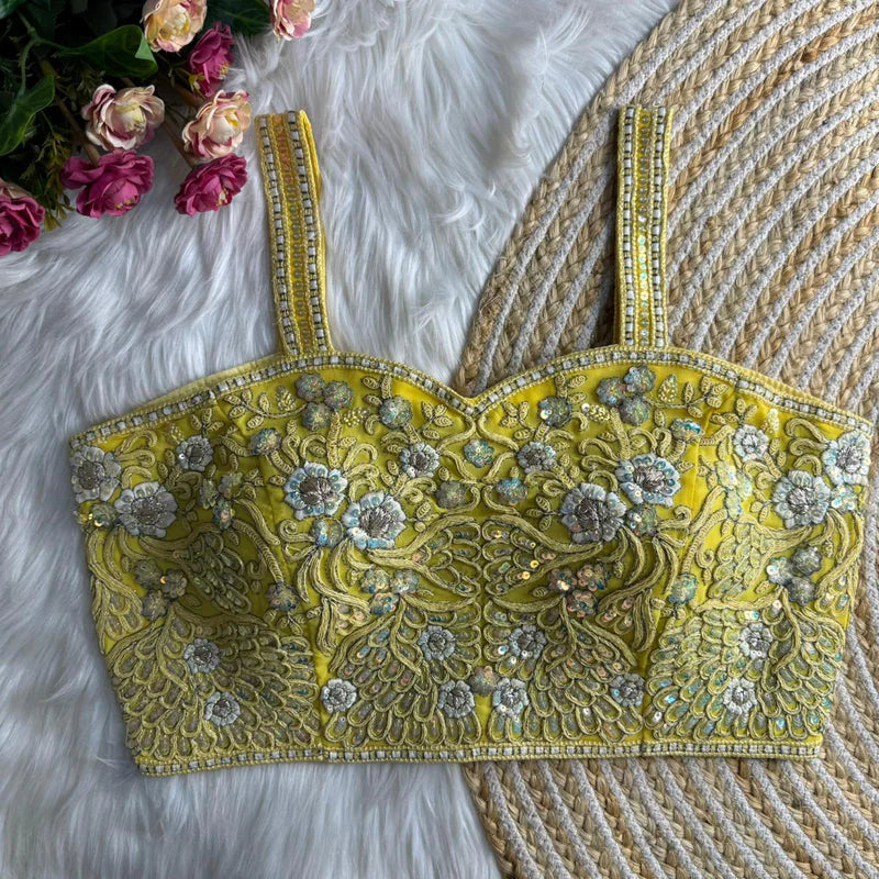 Lemon Yellow Womens Spaghetti Western Designer Blouse Fox Georgette Embroidered & Sequins Partywear