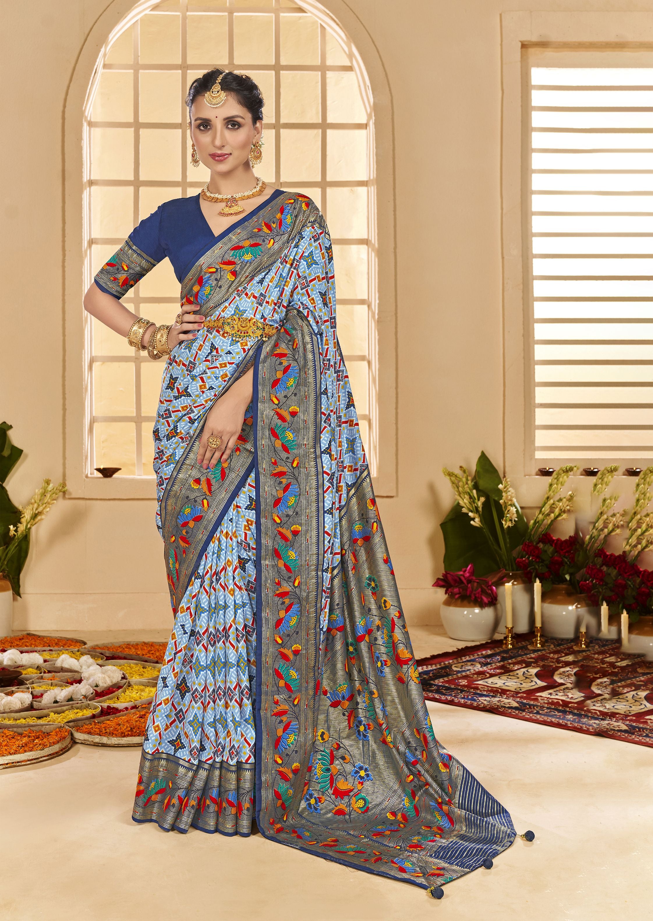 Light Blue Ethnic Woven Border Designer With Ikkat Printed Cotton Silk Saree