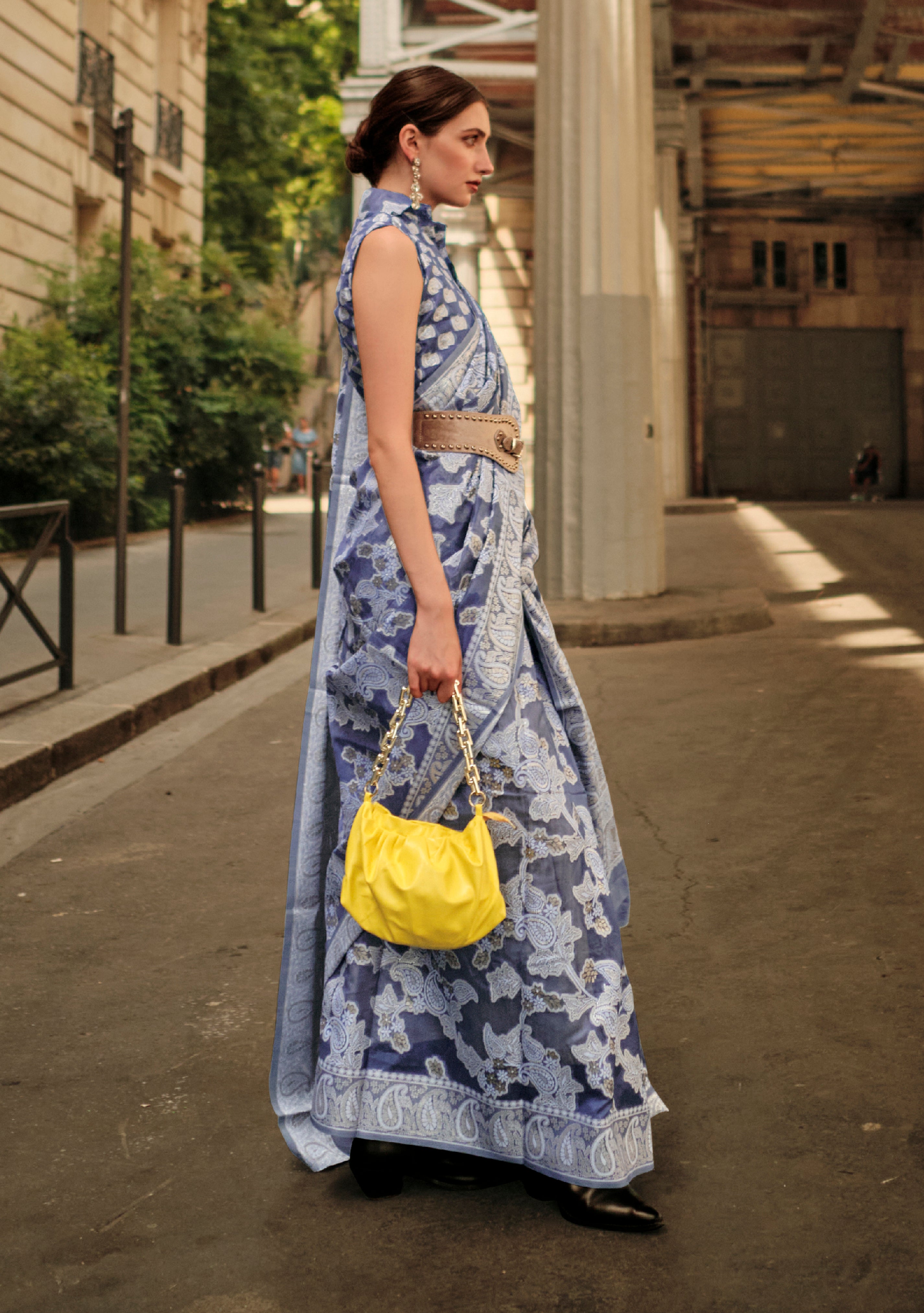 LightBlue Organza Saree With Jacquard Woven Chikankari Work