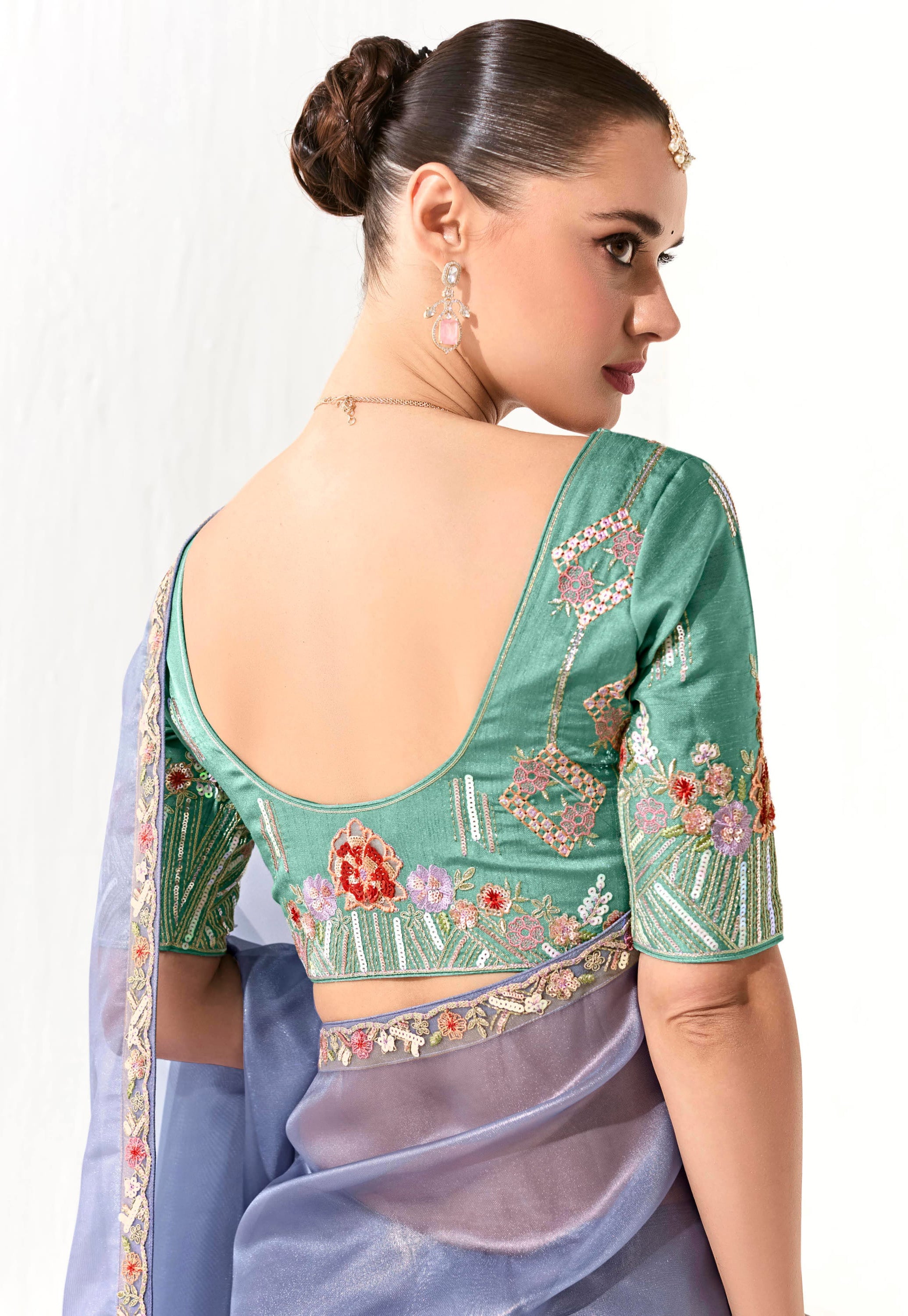 Light Blue Organza Tissue Saree With Heavy Work Border With Embroidered Blouse