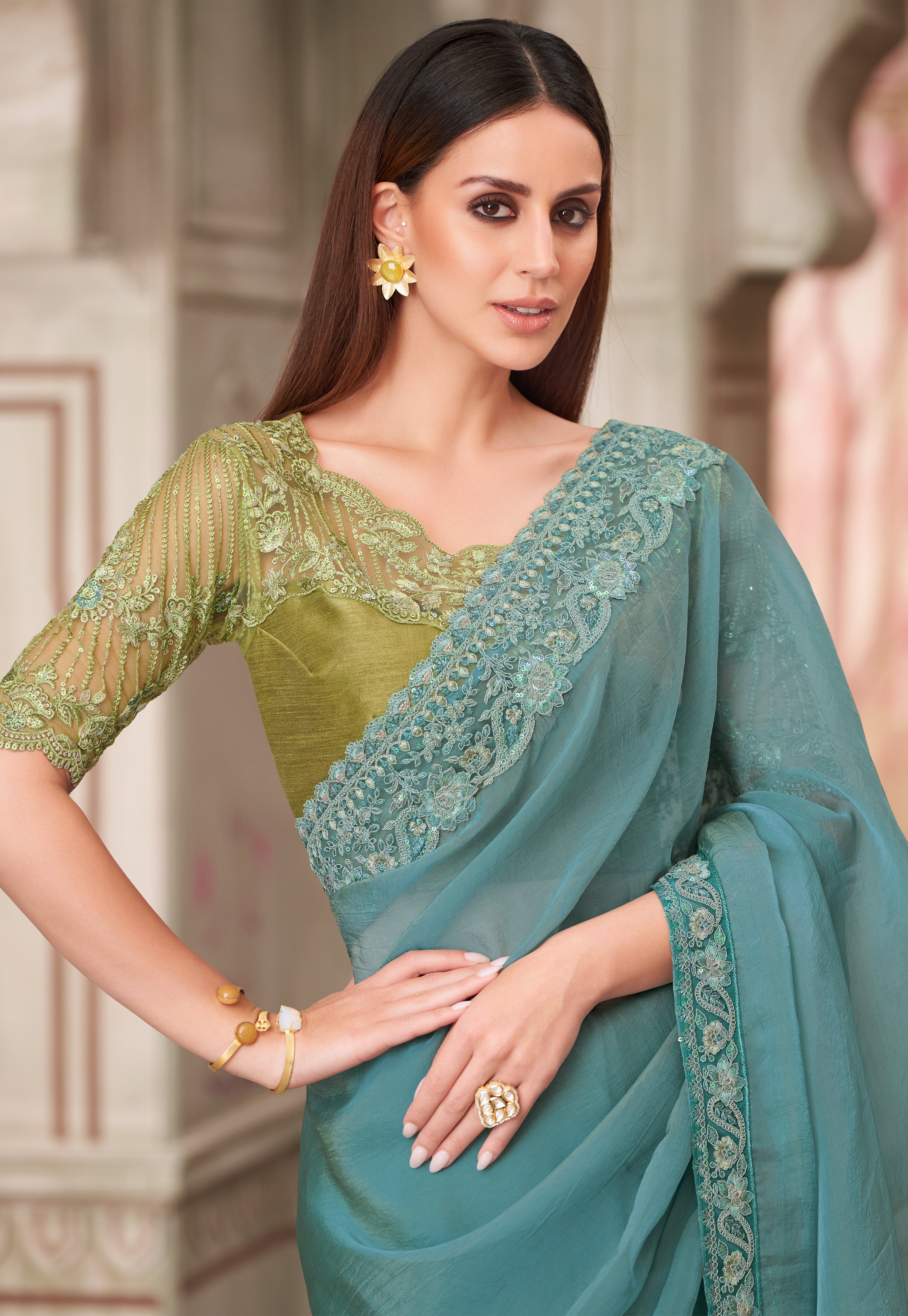 Light Blue Saree With Heavy Thread Embroidery Sequins Border Work With Embroidery Blouse