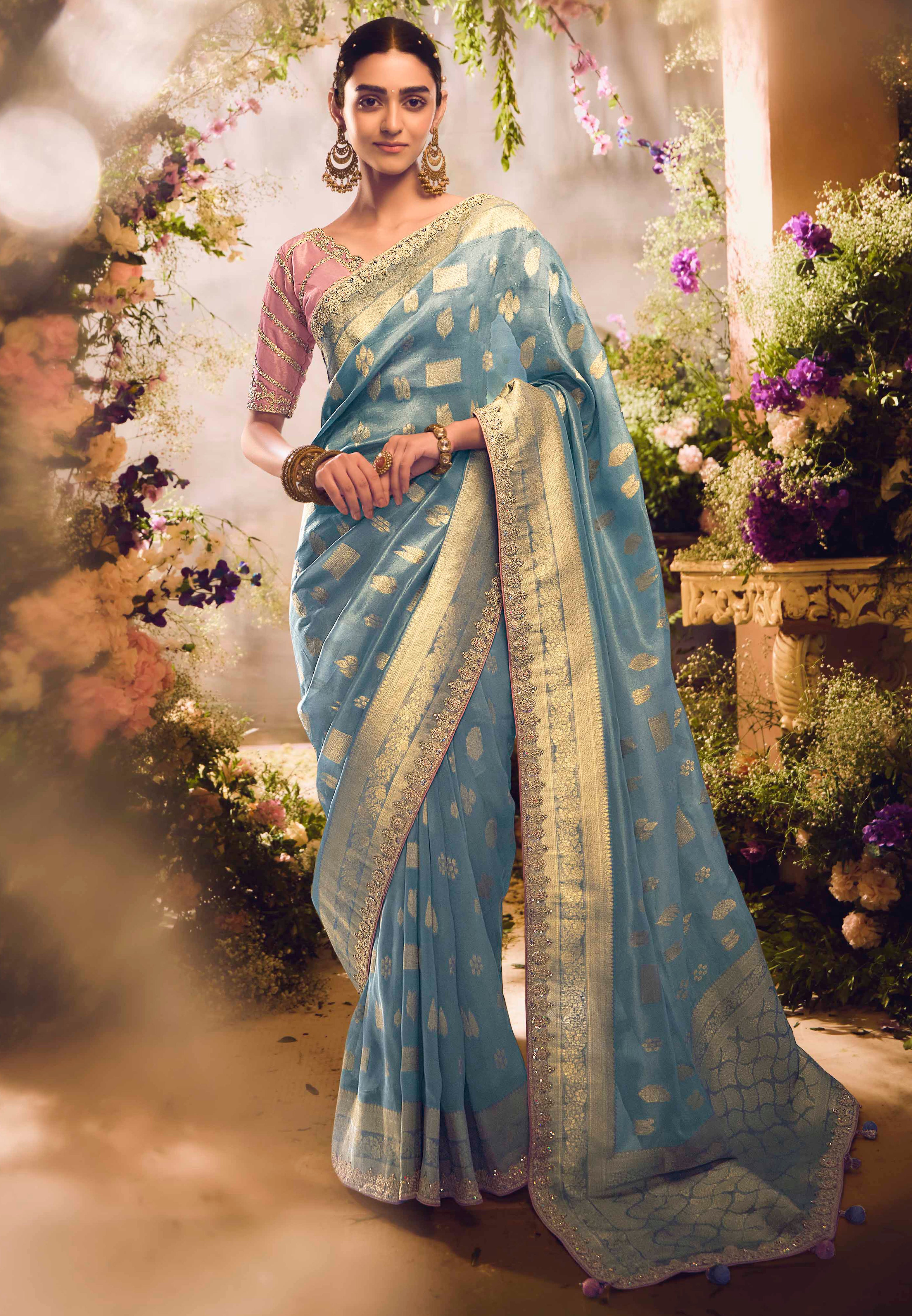 Light Blue Saree With Jacquard Woven Work with Embroidered Lace Border