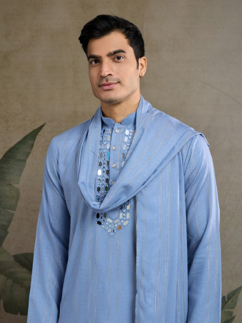 Light Blue Viscose Silk Woven & Mirror Embroidery Kurta with Dupatta