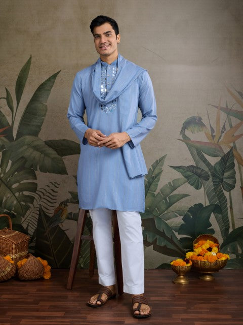 Light Blue Viscose Silk Woven & Mirror Embroidery Kurta with Dupatta