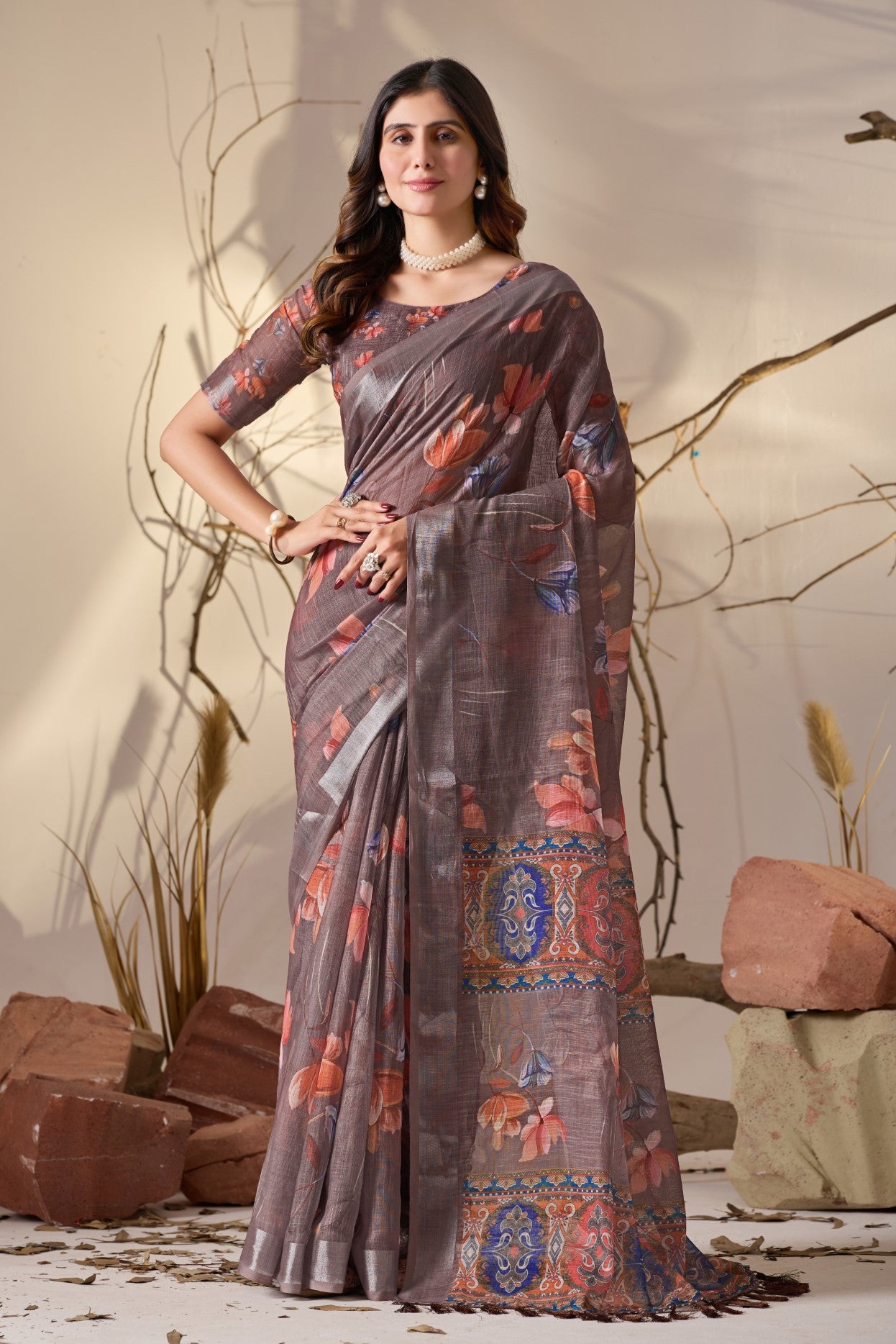 Light Brown Linen Cotton Saree With Digital Printed Classic Traditional Design