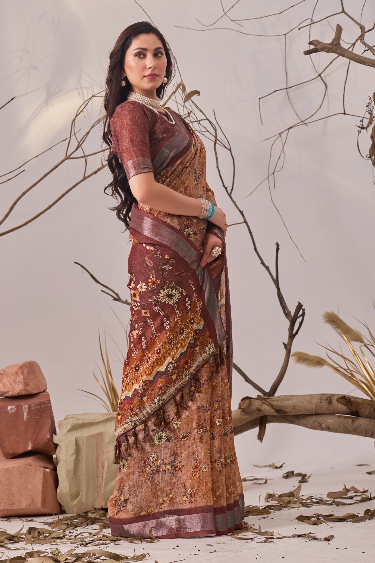 Light Brown Linen Cotton Saree with Digital Print