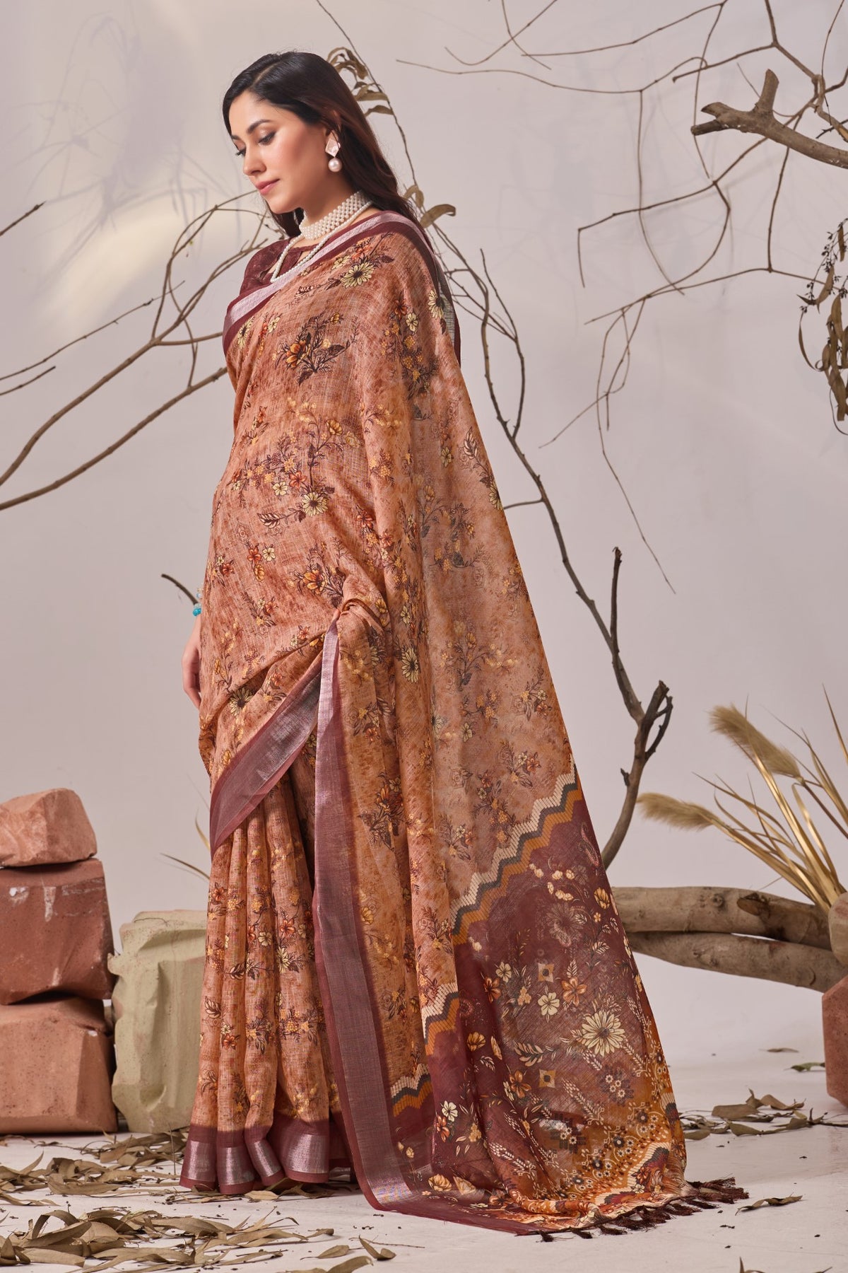 Light Brown Linen Cotton Saree with Digital Print