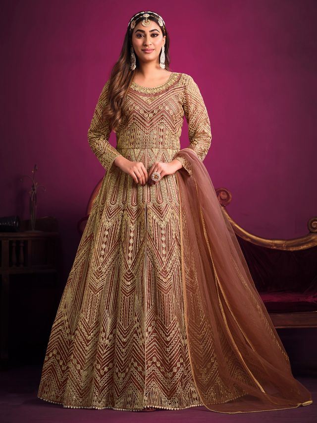 Light Brown Net Heavy Thread Embroidery, Zari With Sequins Work Anarkali Suits