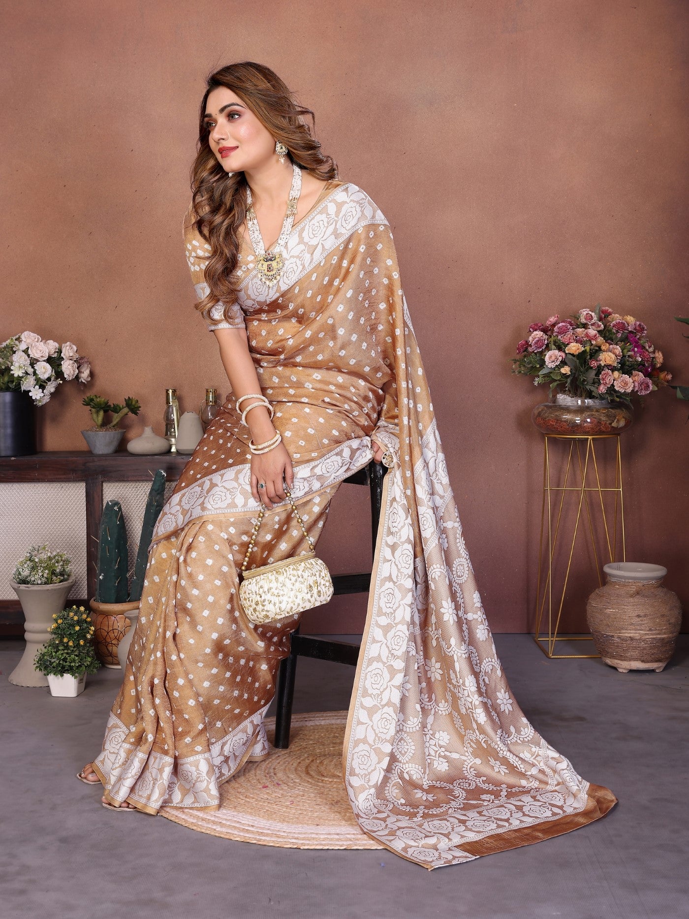 Light Brown Viscose Silk Saree With Handmade Original Bandhej