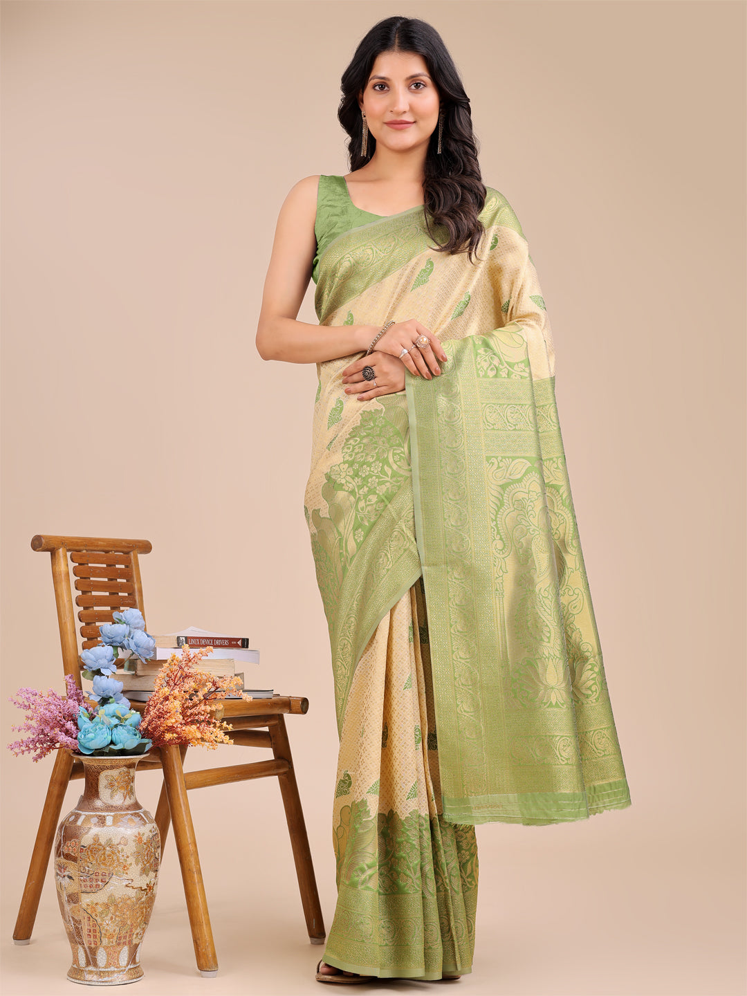 Light Green Banarasi Silk Woven Jacquard Designer Graceful Ceremonial Saree