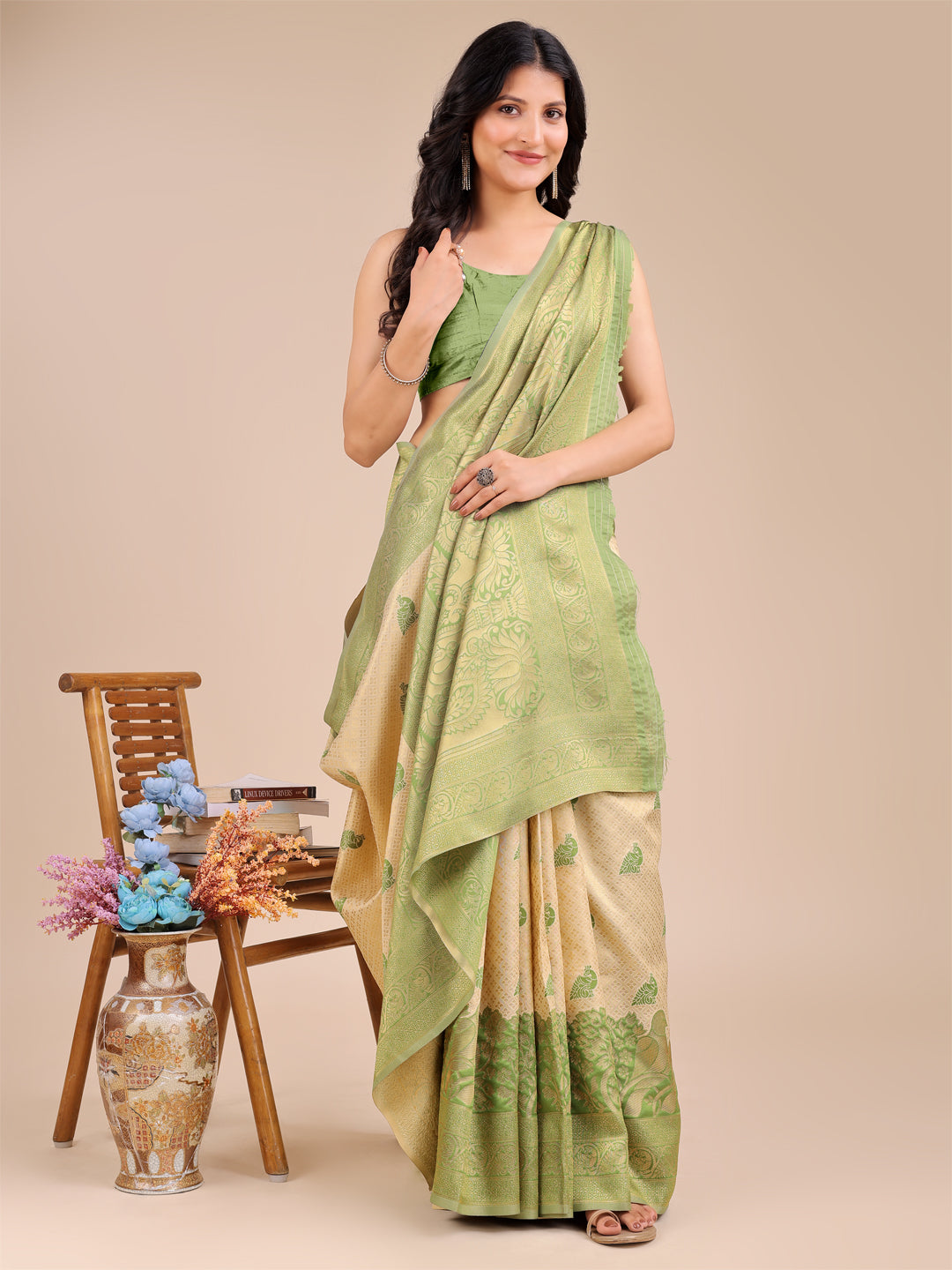 Light Green Banarasi Silk Woven Jacquard Designer Graceful Ceremonial Saree