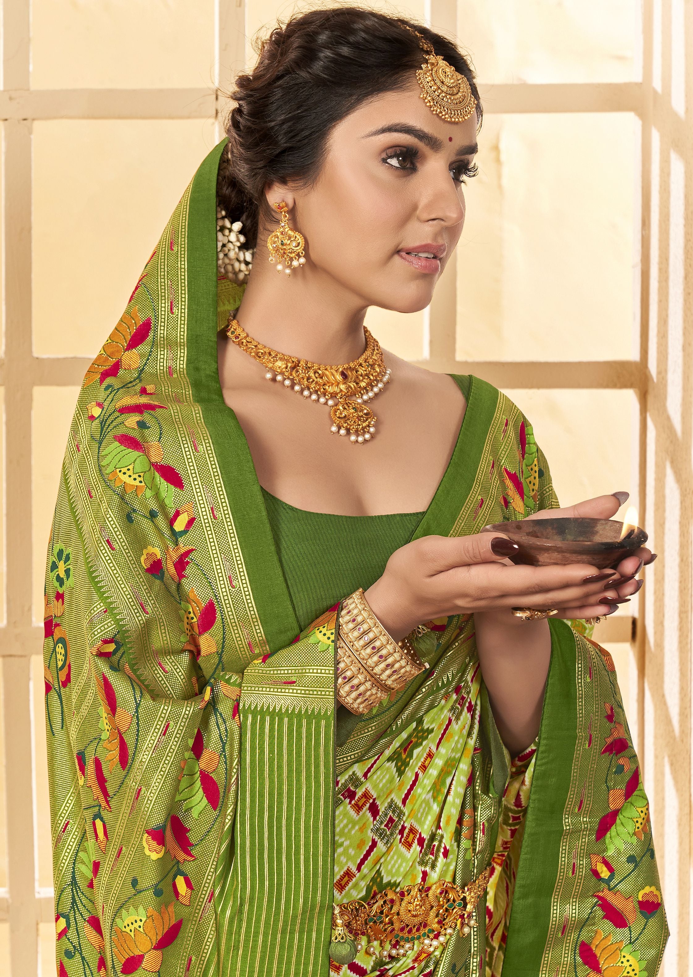 Light Green Ethnic Woven Border Designer With Ikkat Printed Cotton Silk Saree