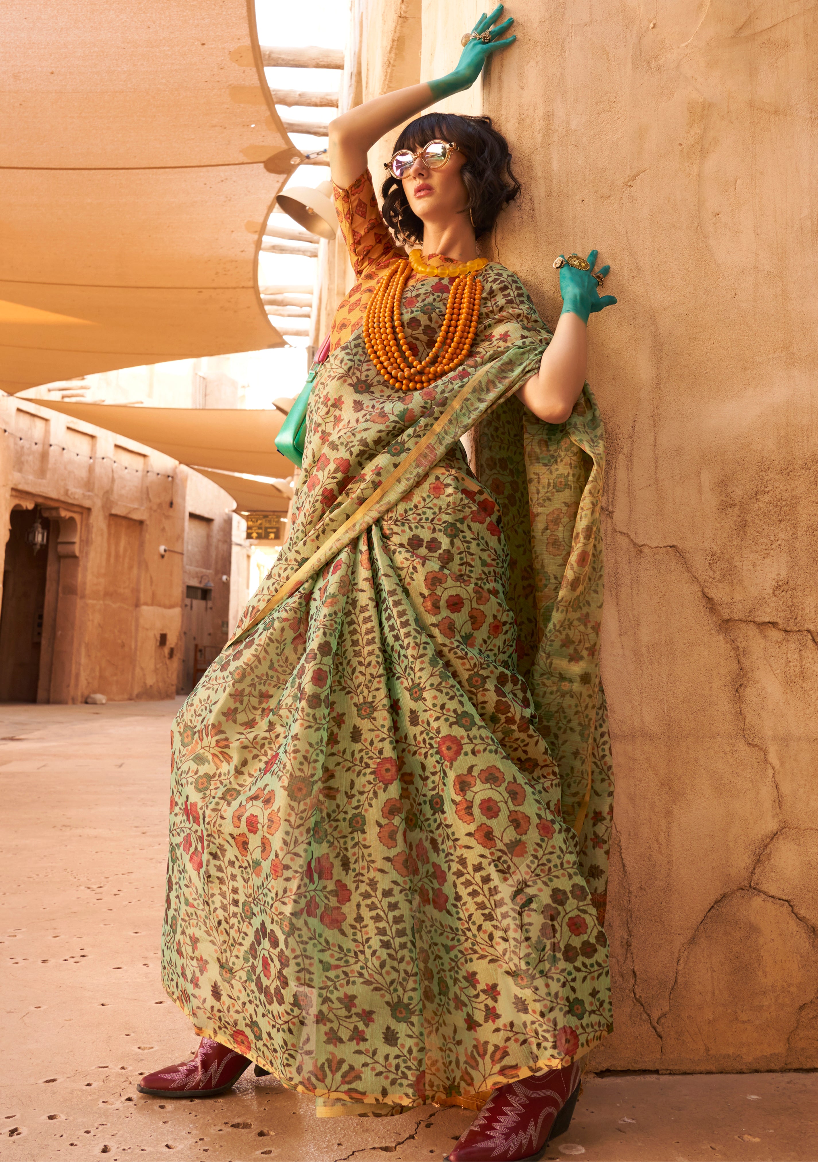 Light Green Handloom Silk Saree With Printed