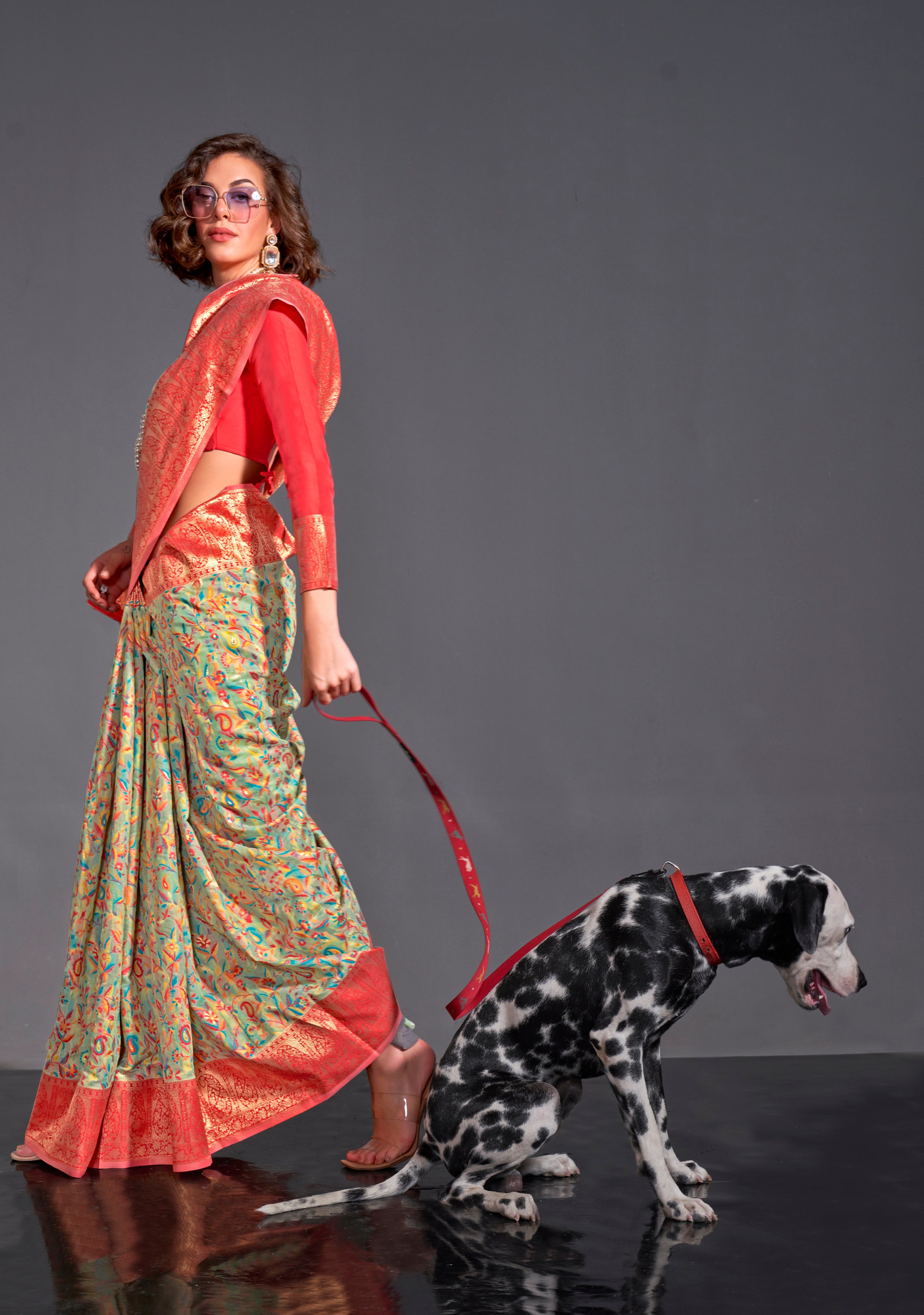 Light Green Kashmiri Silk Saree With Kashmiri Chaap Jacquard Woven Work