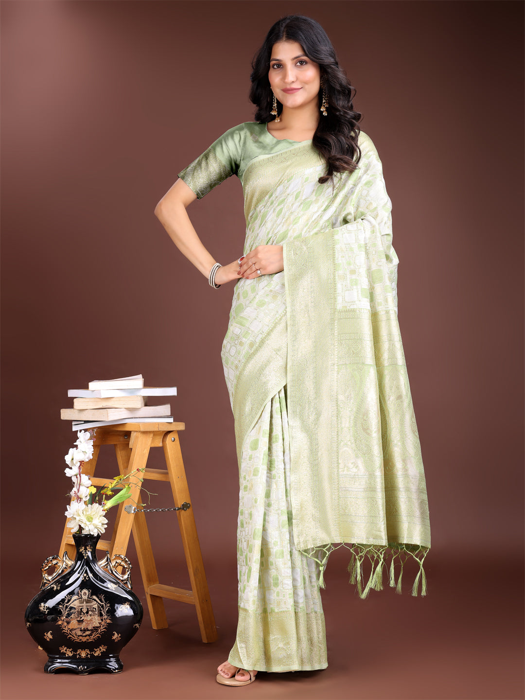 Light Green Linen Cotton Woven Jacquard Designer Ehtnic Partywear Girlie Looks Saree