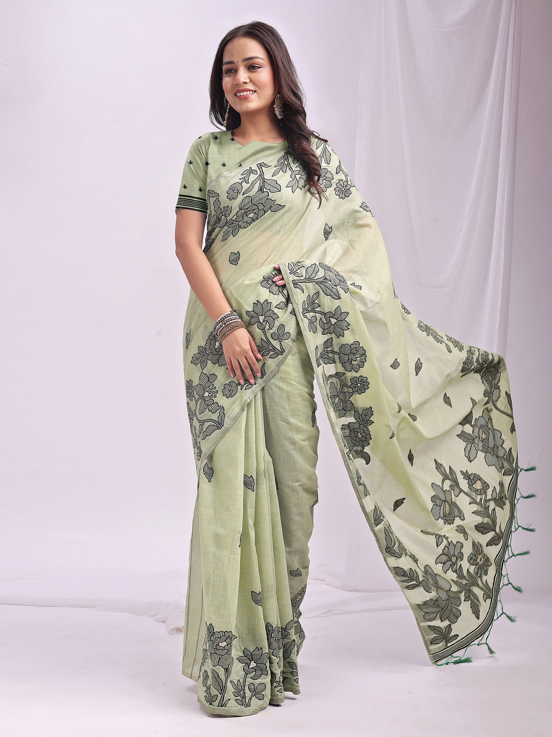 Light Green Linen Cotton Woven Thread Designer Festive Sophisticated Saree