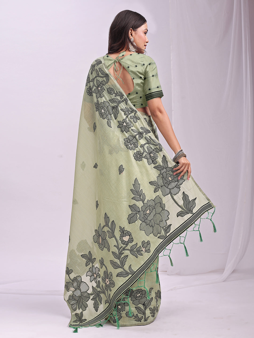 Light Green Linen Cotton Woven Thread Designer Festive Sophisticated Saree