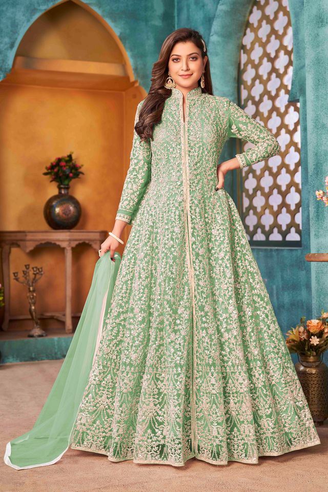 Light Green Net Heavy Thread Embroidery With Sequins Work Anarkali Suits