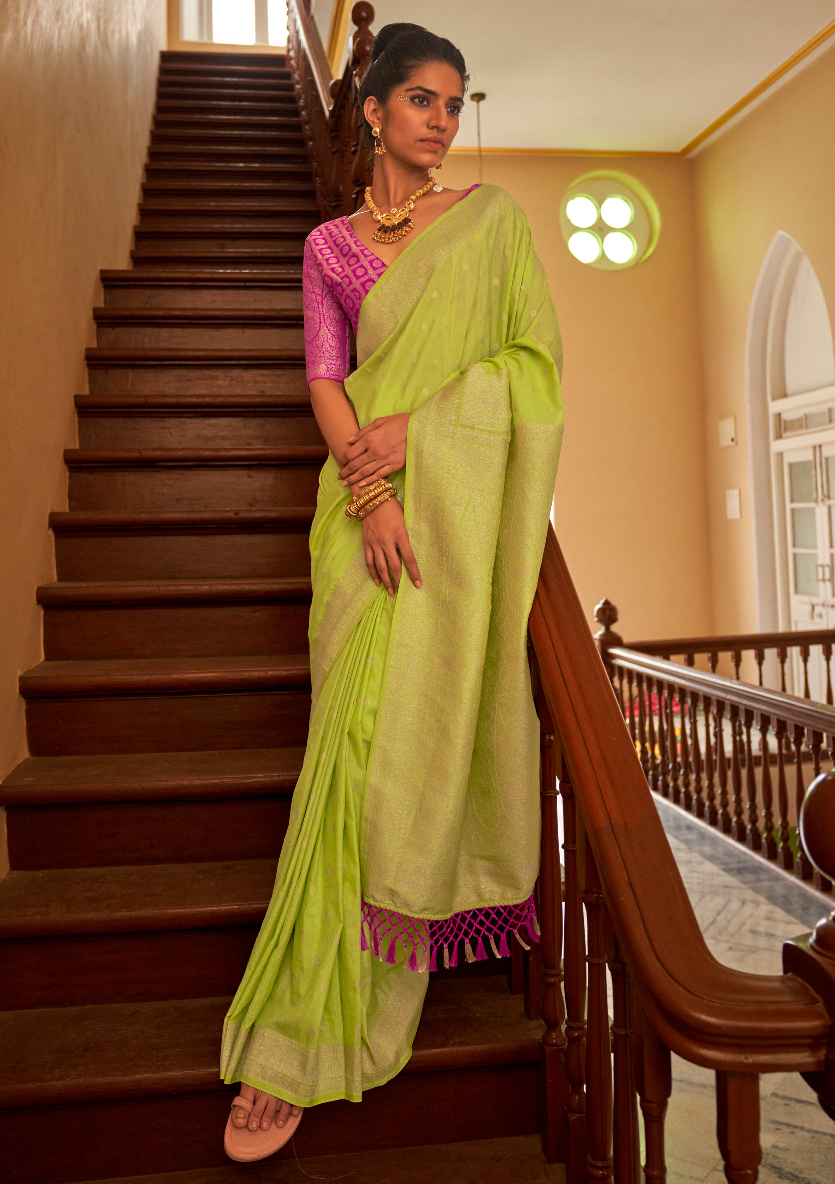 Light Green Nylon Saree With Jacquard Woven Work