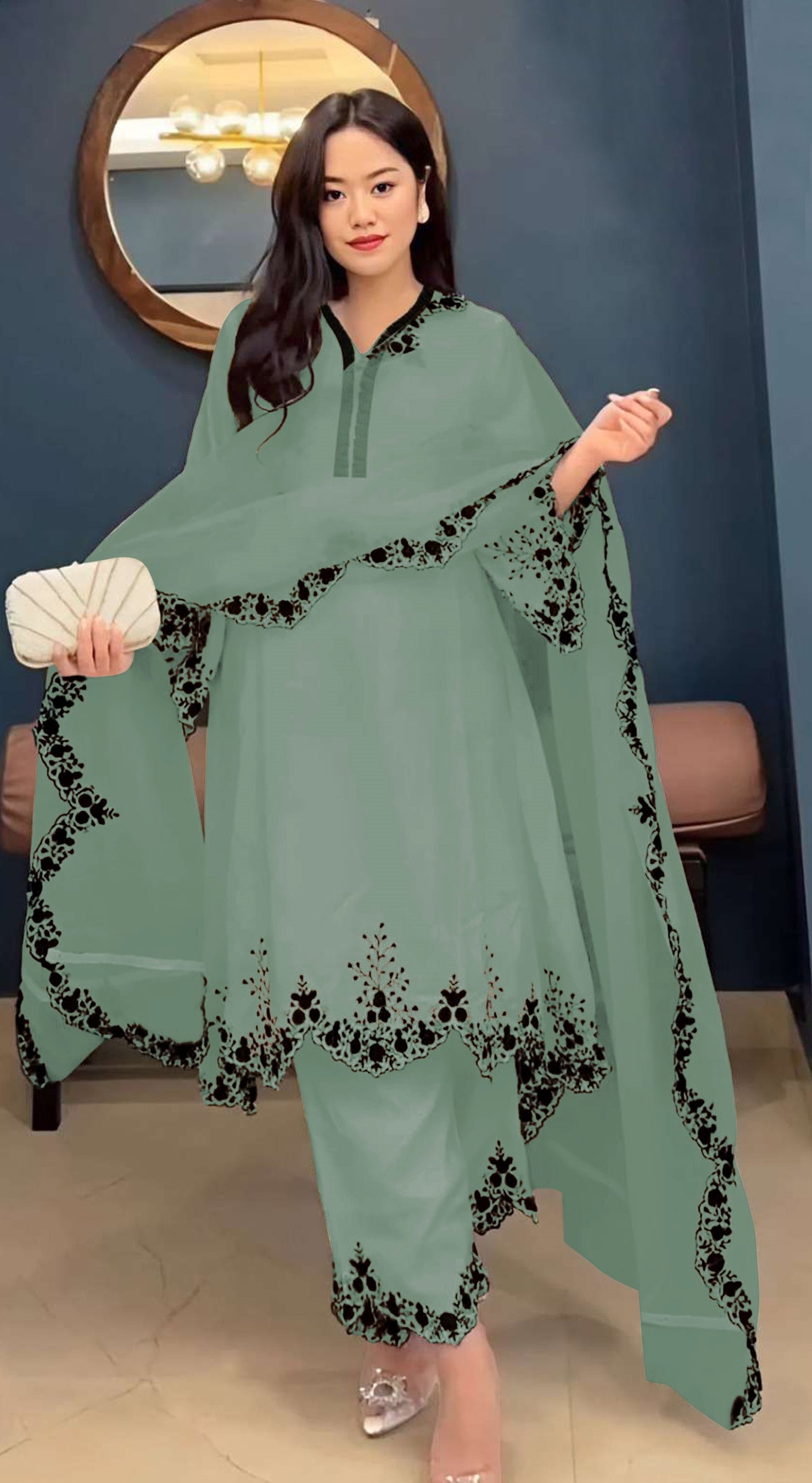 Light Green Pakistani Salwar Suit With Heavy Embroidery Work