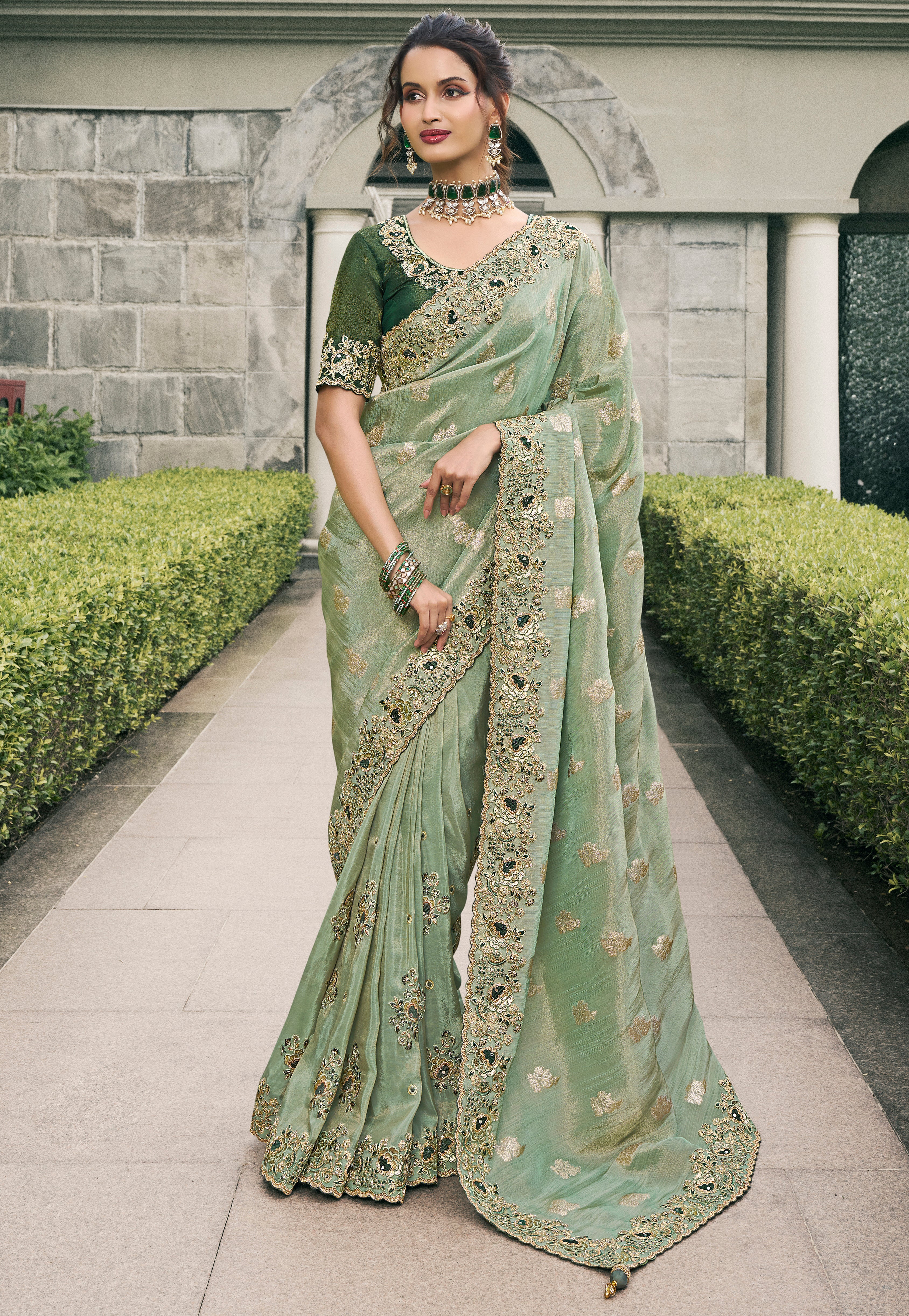 Light Green Saree With Heavy Thread Embroidery, Stone, Pearl, Real Mirror Work