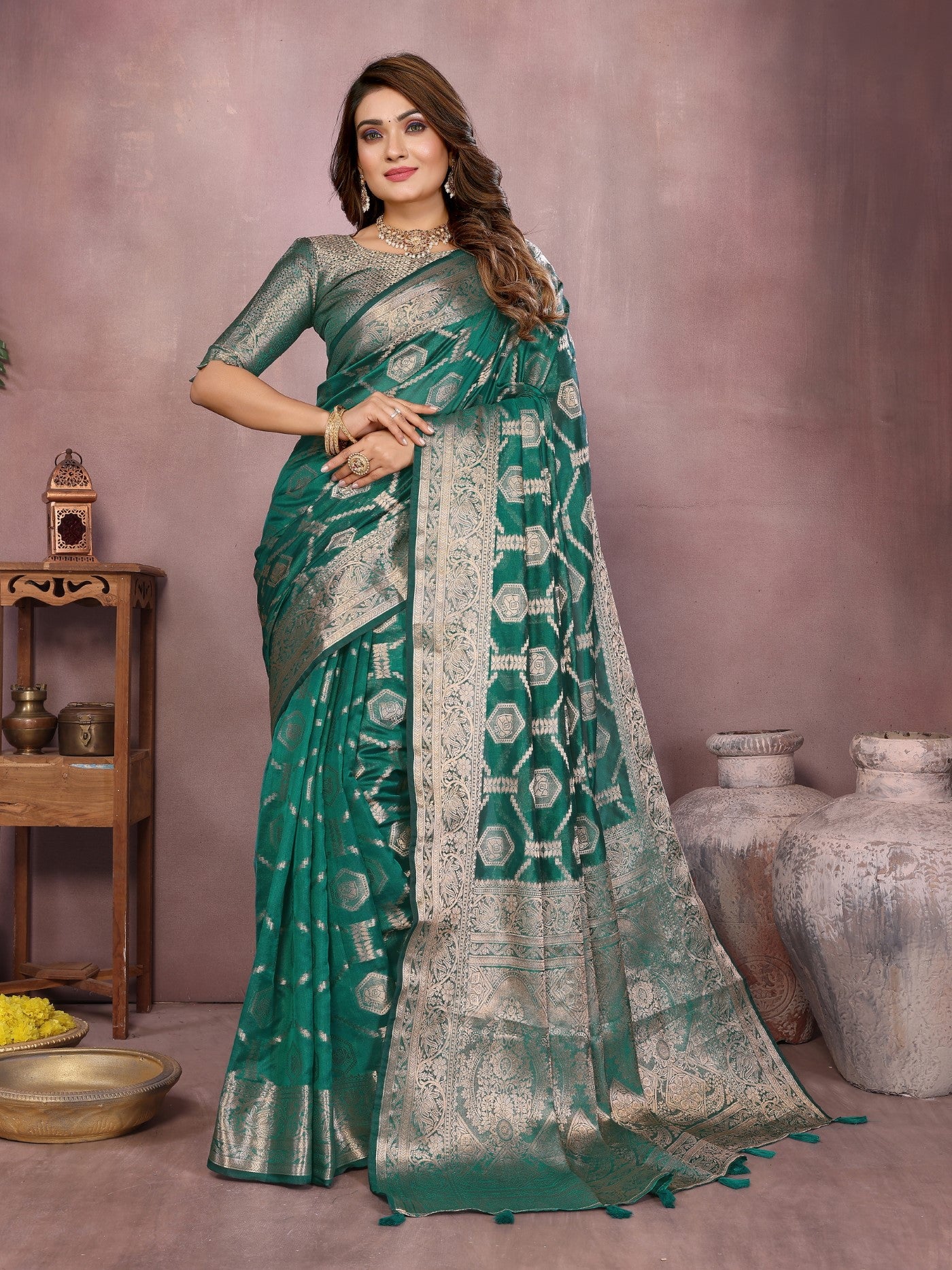 Light Green Soft Organza Silk Saree With Elegant Weaving