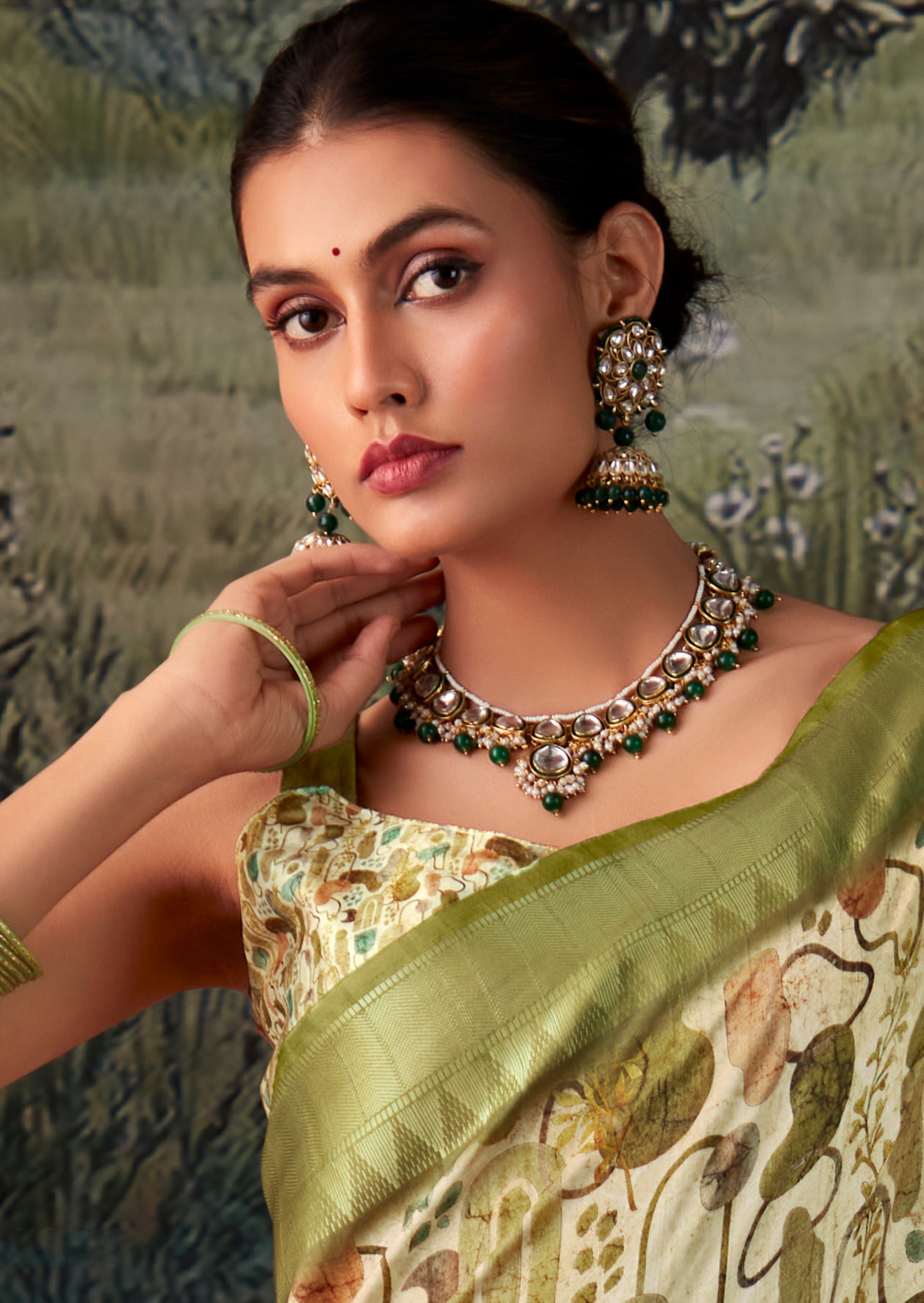LightGreen Tusser Silk Saree With Jacquard Woven with Digital Print