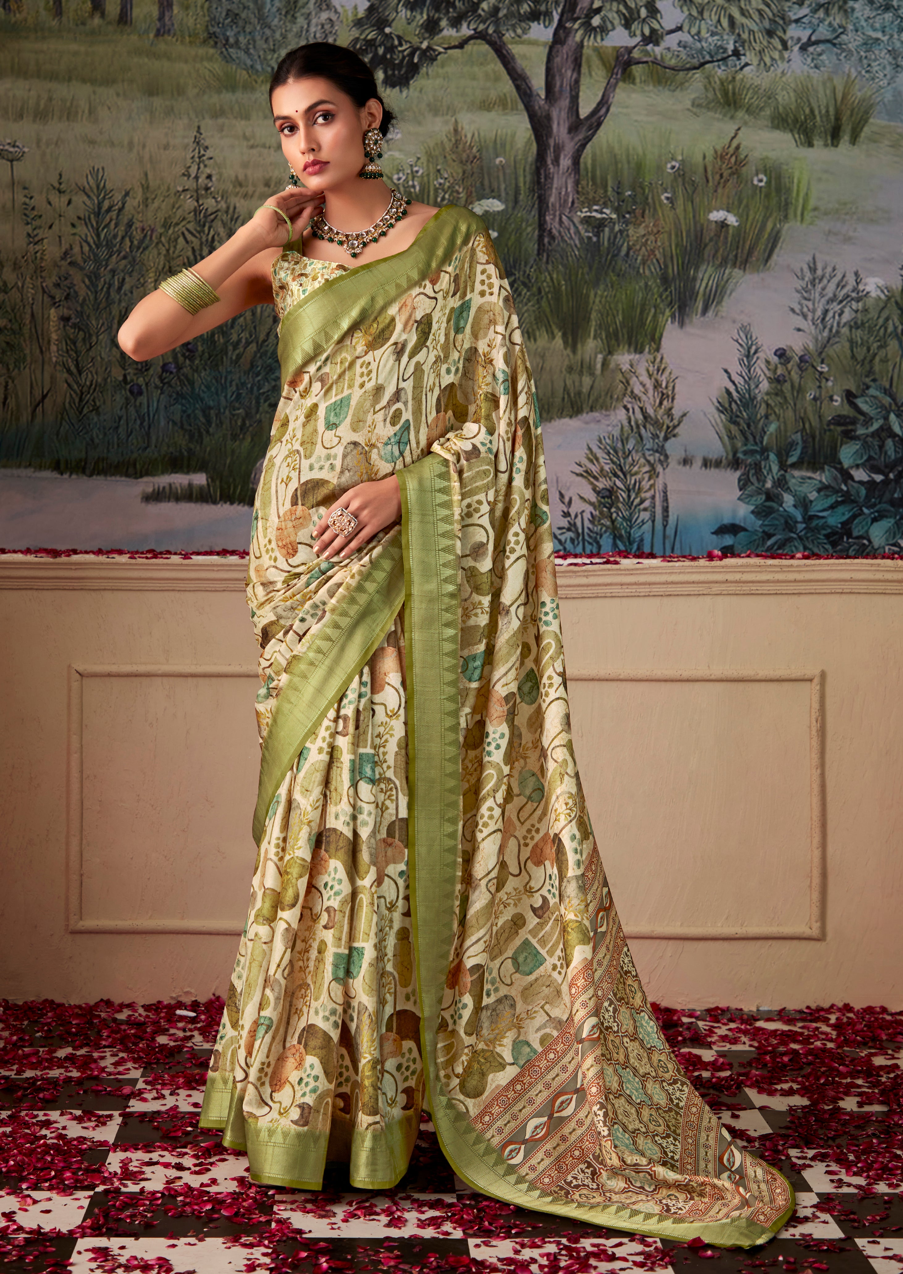 LightGreen Tusser Silk Saree With Jacquard Woven with Digital Print